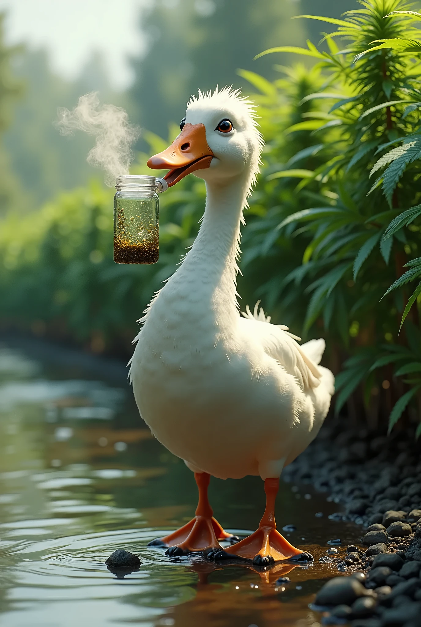 An Anime White Duck Mafia boss with sun glasses Holding a beer, Perfect body, perfect facem Cinematic, Terror, horror, Green bioluminicense, HD, Dark fantaksy