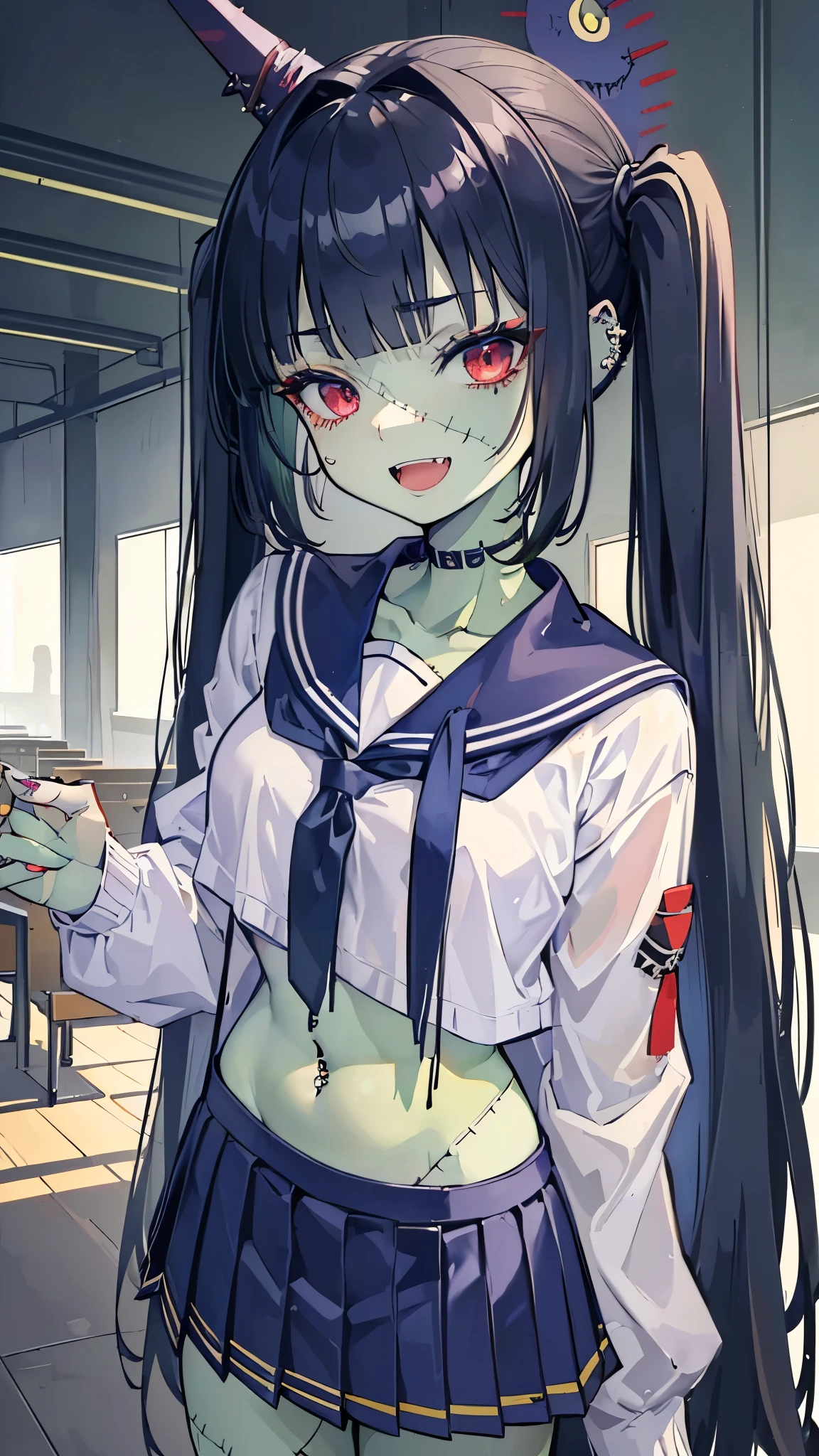 ((masterpiece、Best Quality、Very detailed))、One Girl、((Green Skin))、Black Hair、twintails、blunt bangs、Red eyes、evil smile、((open mouth))、((lots of piercing))、Small breasts、Show your fangs、((school uniform))、((Long sleeve))、belly button、((Navy blue pleated skirt))、((stitched face))、((patchwork skin))、Cowboy Shot、((night))、cemetery