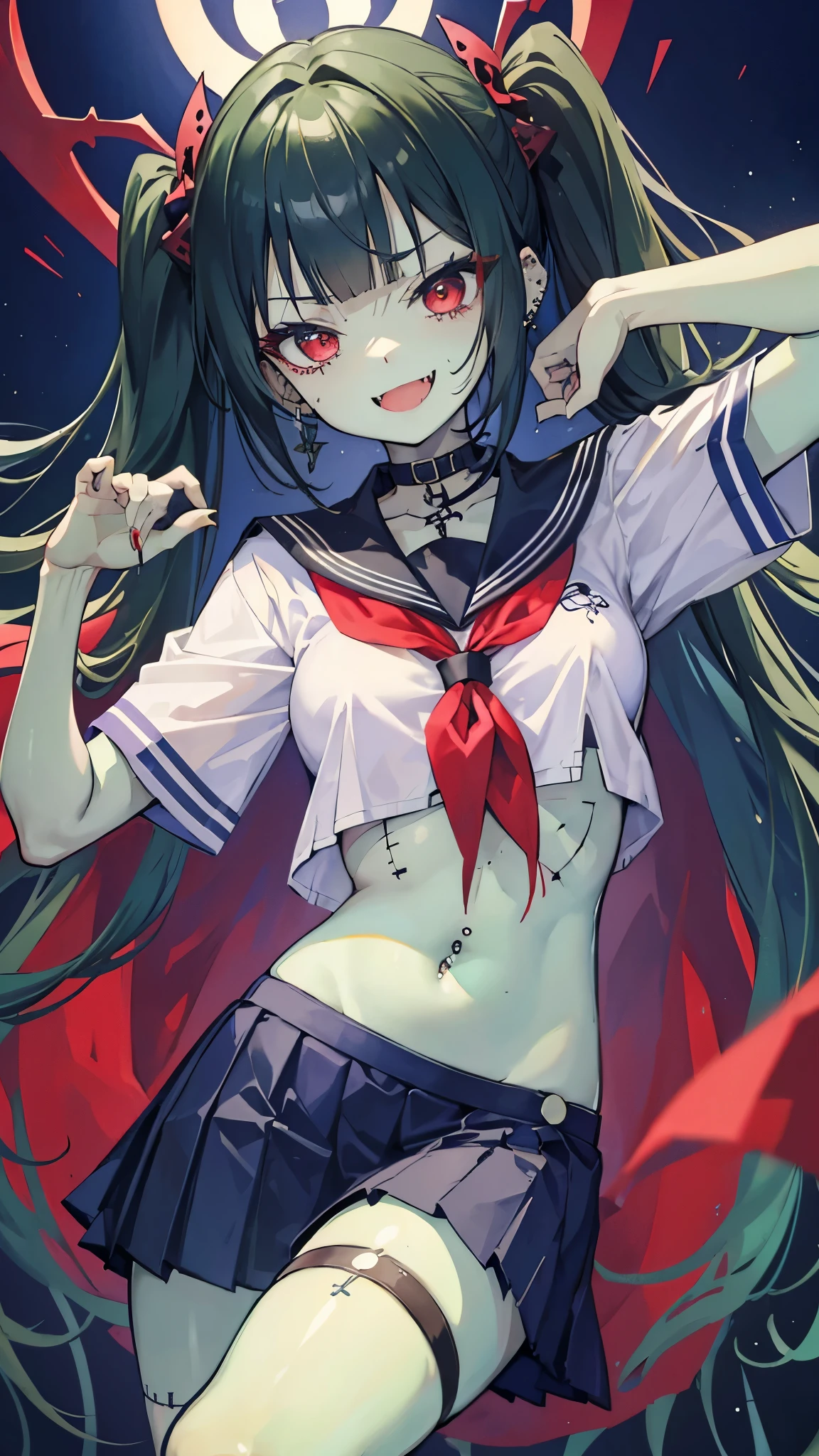 ((masterpiece、Best Quality、Very detailed))、One Girl、((Green Skin))、Black Hair、twintails、blunt bangs、Red eyes、evil smile、((open mouth))、((lots of piercing))、Small breasts、Show your fangs、((school uniform))、((Short sleeve))、((torn clothes))、belly button、((Navy blue pleated skirt))、((stitched face:1.2))、((patchwork skin:1.2))、Cowboy Shot、((night))、Graveyard Background