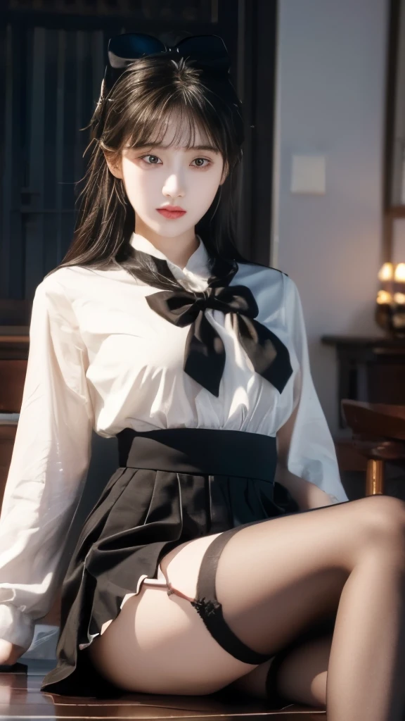 Completely normal body.,girl, Brown skirt,((Black stockings)),((masterpiece, Best quality, high resolution)), 8K ที่Very detailed, beautiful girl with , (Ultra HD, Very detailed, เนื้อหามีรายVery detailed, Very realistic, Surrealism, Live Photos), (1 female，Bow:1.5), (Realistic brown), Hair details,Hairpin, (Dynamic camera poses,, Beautiful and delicate face，Open slightly, Beautiful eyes),, glow,Sitting