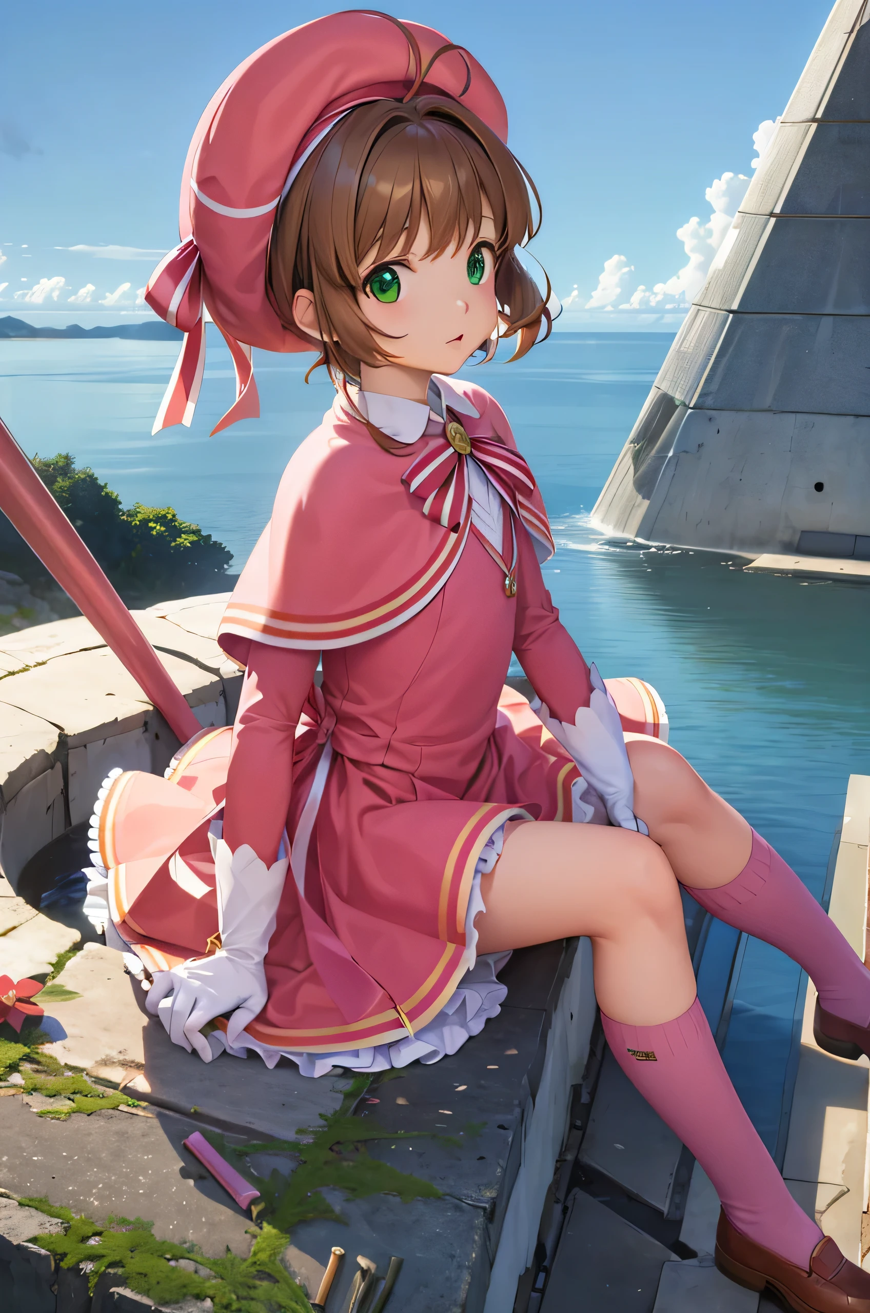 wallpaper, professional, UHD, HDR, 64K, best quality, artstation, studio quality, highly detailed, front view BREAK (kinomoto sakura, petite, petit, flat chest, brown hair, short hair, antenna hair, pink headwear, green eyes, capelet, pink dress, striped ribbon, long sleeves, white gloves)