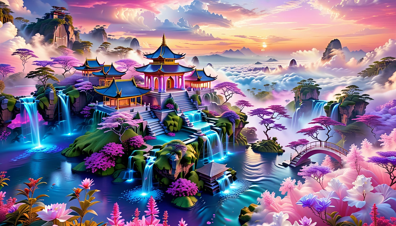 A Masterpiece In 32K Resolution, Supreme Quality, Super Detail, Official Art, Very High-Resolution 32K Wallpaper, Fantastical And Dreamlike, Ultra-Detailed Features, Aerial Serenity. Floating Islands Drift Through A Canvas Of Pastel Skies, Adorned With Fluffy Clouds In Shades Of Pink And Lavender. Waterfalls Cascade From The Islands Into The Ethereal Mist Below, While Delicate, Glowing Flowers Bloom In Vibrant Colors. In The Distance, A Majestic Temple With Intricate Architecture Stands Tall, Basking In The Soft Glow Of Twilight.