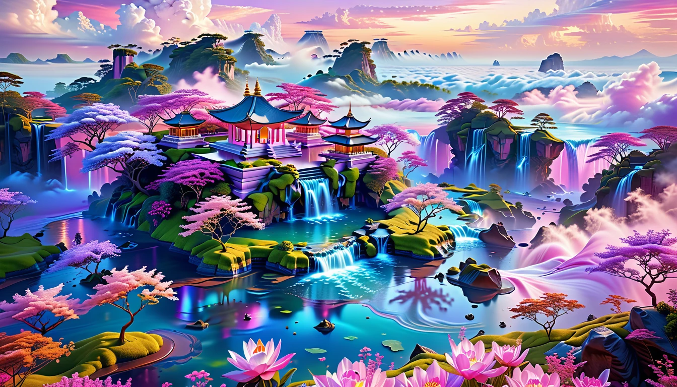 A Masterpiece In 32K Resolution, Supreme Quality, Super Detail, Official Art, Very High-Resolution 32K Wallpaper, Fantastical And Dreamlike, Ultra-Detailed Features, Aerial Serenity. Floating Islands Drift Through A Canvas Of Pastel Skies, Adorned With Fluffy Clouds In Shades Of Pink And Lavender. Waterfalls Cascade From The Islands Into The Ethereal Mist Below, While Delicate, Glowing Flowers Bloom In Vibrant Colors. In The Distance, A Majestic Temple With Intricate Architecture Stands Tall, Basking In The Soft Glow Of Twilight.