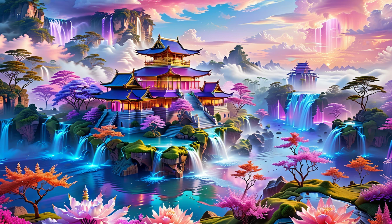 A Masterpiece In 32K Resolution, Supreme Quality, Super Detail, Official Art, Very High-Resolution 32K Wallpaper, Fantastical And Dreamlike, Ultra-Detailed Features, Aerial Serenity. Floating Islands Drift Through A Canvas Of Pastel Skies, Adorned With Fluffy Clouds In Shades Of Pink And Lavender. Waterfalls Cascade From The Islands Into The Ethereal Mist Below, While Delicate, Glowing Flowers Bloom In Vibrant Colors. In The Distance, A Majestic Temple With Intricate Architecture Stands Tall, Basking In The Soft Glow Of Twilight.