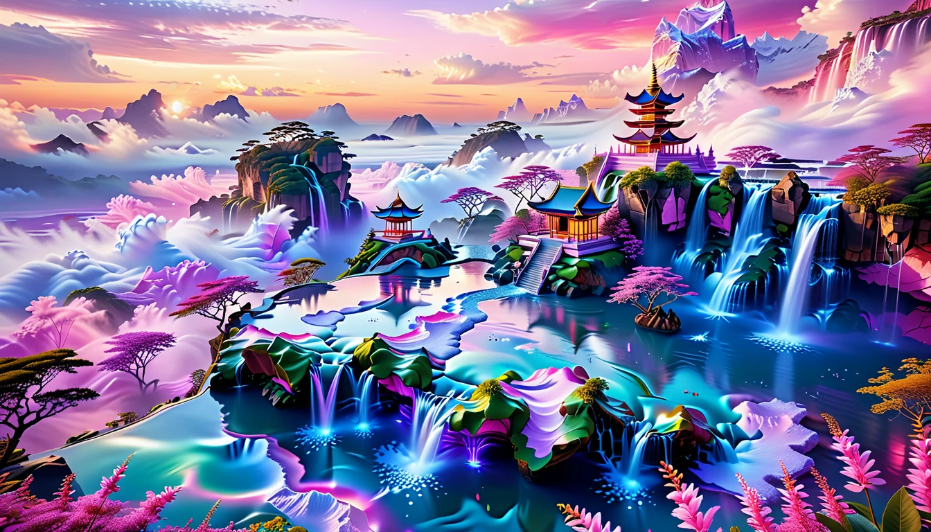 A Masterpiece In 32K Resolution, Supreme Quality, Super Detail, Official Art, Very High-Resolution 32K Wallpaper, Fantastical And Dreamlike, Ultra-Detailed Features, Aerial Serenity. Floating Islands Drift Through A Canvas Of Pastel Skies, Adorned With Fluffy Clouds In Shades Of Pink And Lavender. Waterfalls Cascade From The Islands Into The Ethereal Mist Below, While Delicate, Glowing Flowers Bloom In Vibrant Colors. In The Distance, A Majestic Temple With Intricate Architecture Stands Tall, Basking In The Soft Glow Of Twilight.