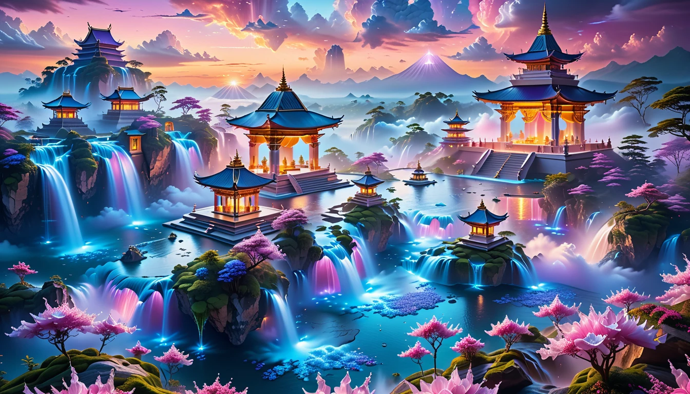 A Masterpiece In 32K Resolution, Supreme Quality, Super Detail, Official Art, Very High-Resolution 32K Wallpaper, Fantastical And Dreamlike, Ultra-Detailed Features, Aerial Serenity. Floating Islands Drift Through A Canvas Of Pastel Skies, Adorned With Fluffy Clouds In Shades Of Pink And Lavender. Waterfalls Cascade From The Islands Into The Ethereal Mist Below, While Delicate, Glowing Flowers Bloom In Vibrant Colors. In The Distance, A Majestic Temple With Intricate Architecture Stands Tall, Basking In The Soft Glow Of Twilight.