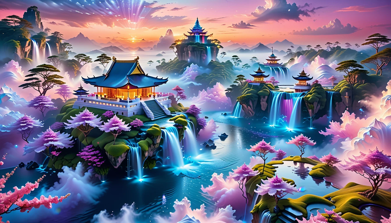 A Masterpiece In 32K Resolution, Supreme Quality, Super Detail, Official Art, Very High-Resolution 32K Wallpaper, Fantastical And Dreamlike, Ultra-Detailed Features, Aerial Serenity. Floating Islands Drift Through A Canvas Of Pastel Skies, Adorned With Fluffy Clouds In Shades Of Pink And Lavender. Waterfalls Cascade From The Islands Into The Ethereal Mist Below, While Delicate, Glowing Flowers Bloom In Vibrant Colors. In The Distance, A Majestic Temple With Intricate Architecture Stands Tall, Basking In The Soft Glow Of Twilight.