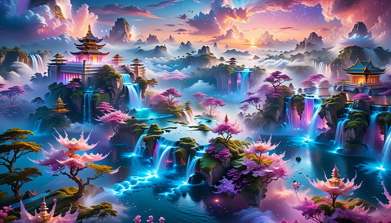 A Masterpiece In 32K Resolution, Supreme Quality, Super Detail, Official Art, Very High-Resolution 32K Wallpaper, Fantastical And Dreamlike, Ultra-Detailed Features, Aerial Serenity. Floating Islands Drift Through A Canvas Of Pastel Skies, Adorned With Fluffy Clouds In Shades Of Pink And Lavender. Waterfalls Cascade From The Islands Into The Ethereal Mist Below, While Delicate, Glowing Flowers Bloom In Vibrant Colors. In The Distance, A Majestic Temple With Intricate Architecture Stands Tall, Basking In The Soft Glow Of Twilight.