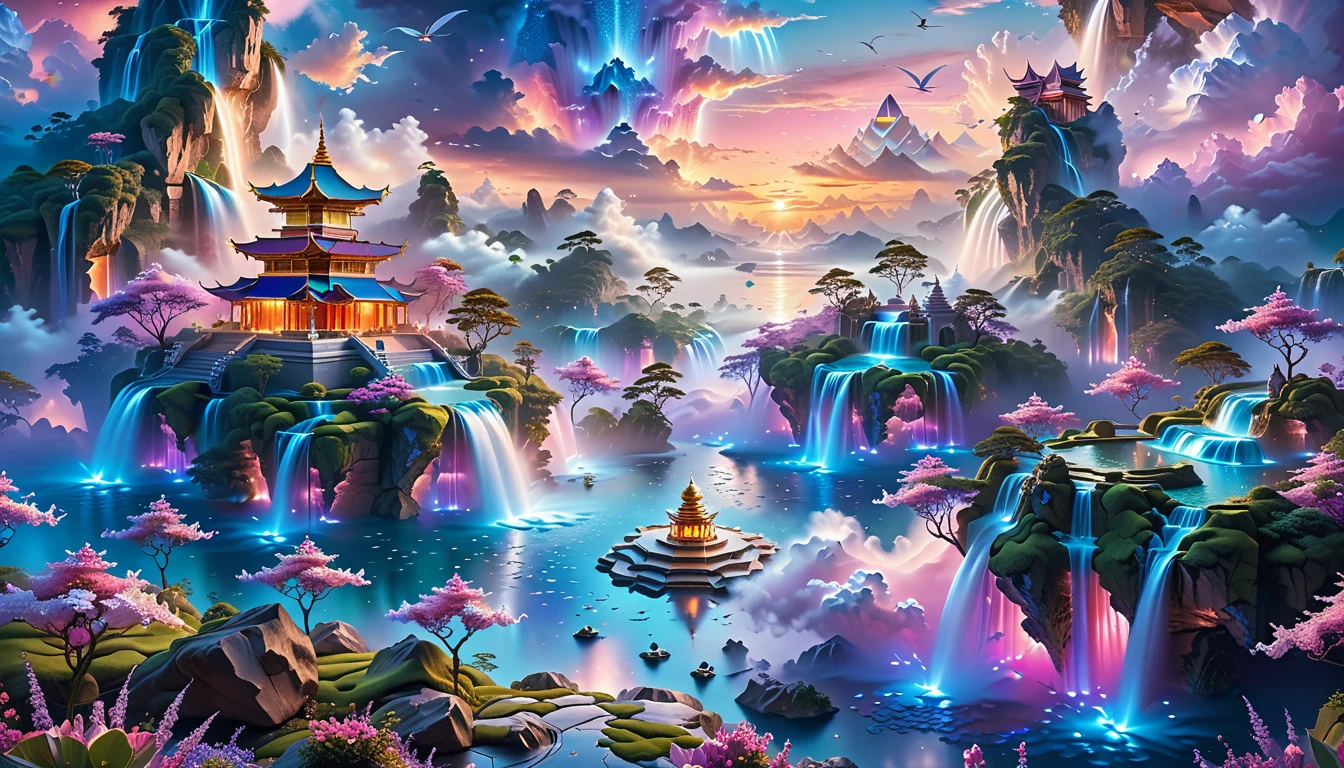 A Masterpiece In 32K Resolution, Supreme Quality, Super Detail, Official Art, Very High-Resolution 32K Wallpaper, Fantastical And Dreamlike, Ultra-Detailed Features, Aerial Serenity. Floating Islands Drift Through A Canvas Of Pastel Skies, Adorned With Fluffy Clouds In Shades Of Pink And Lavender. Waterfalls Cascade From The Islands Into The Ethereal Mist Below, While Delicate, Glowing Flowers Bloom In Vibrant Colors. In The Distance, A Majestic Temple With Intricate Architecture Stands Tall, Basking In The Soft Glow Of Twilight.