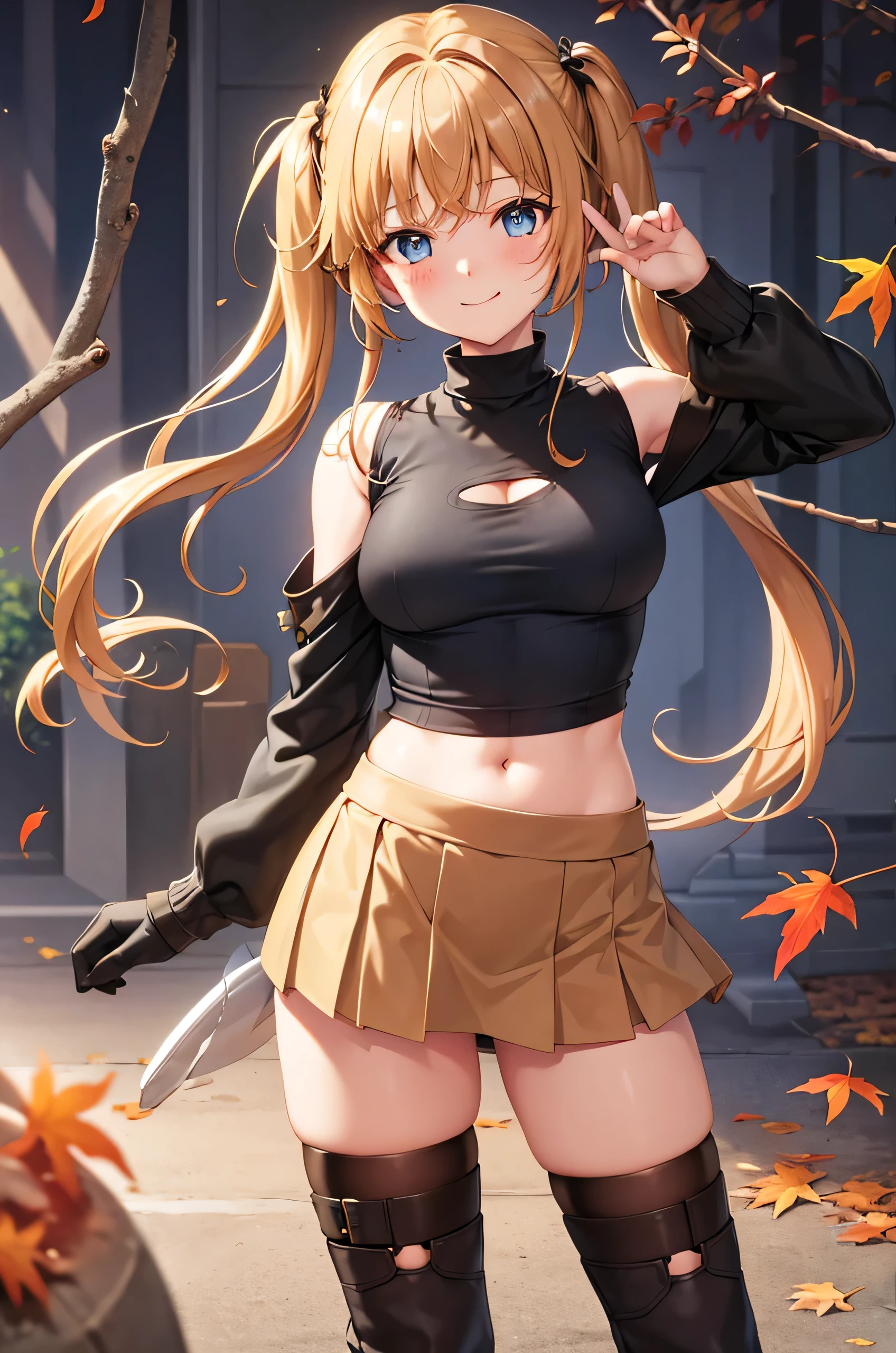 safe_pos, score_9, score_8_up, score_7_up, outdoor, forest, autumn, fall, 1girl, 24 year old, solo girl, long hair, blonde hair, tied hair, twin tails, blue eyes, medium breasts, exposed ((midriff, belly button, slim waist)), black chocker, freckles, blush, natural makeup, stylish, accessories, smile, cute, beautiful face, autumn leaves, autumn colors, off-shoulder sweater, grey/brown sweater, cleavage, blue/black skirt, short skirt, leather skirt, mini skirt, brown/black boots, leather boots, thighhighs, translucent stockings, shear stockings