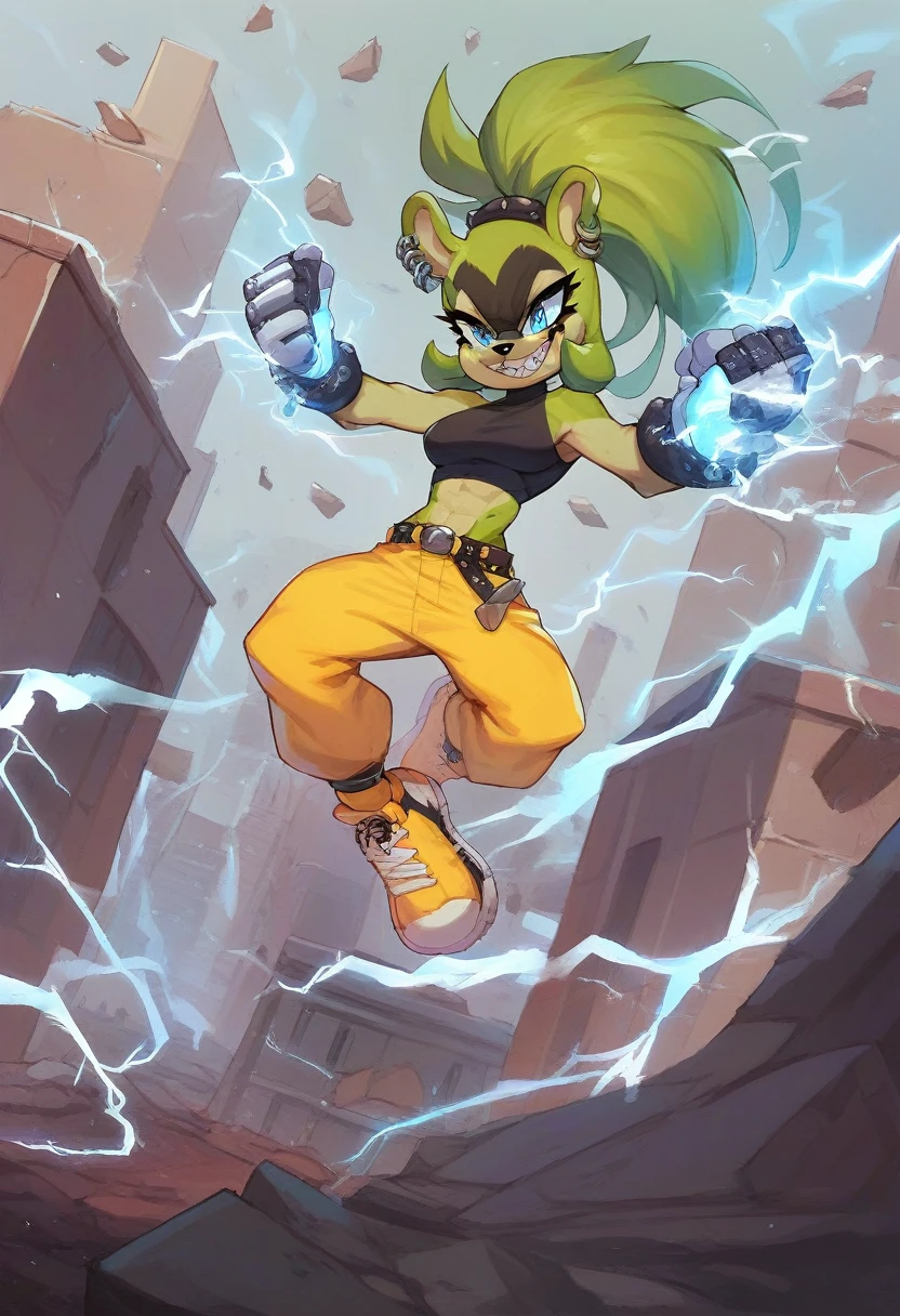 score_9, score_8_up, score_7_up,((best quality)), absurdres,((full body)),SurgePXL,blue eyes, furry,furry female, sharp teeth, animal nose, green hair, ponytail, animal ears, green skin,  spiked hair,gloves,white gloves,crop top, black crop top,yellow pants,earrings, piercing, yellow footwear, belt, ear piercing, rings,[[muscle]], slim,solo,face paint, action pose, grin,city, debris,electricity, blue electricity,half-closed eyes on sock's 