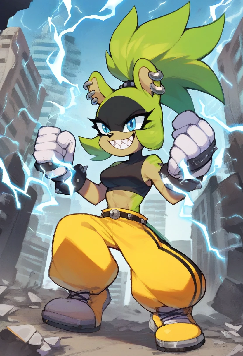 score_9, score_8_up, score_7_up,((best quality)), absurdres,((full body)),SurgePXL,blue eyes, furry,furry female, sharp teeth, animal nose, green hair, ponytail, animal ears, green skin,  spiked hair,gloves,white gloves,crop top, black crop top,yellow pants,earrings, piercing, yellow footwear, belt, ear piercing, rings,[[muscle]], slim,solo,face paint, action pose, grin,city, debris,electricity, blue electricity,half-closed eyes on sock's 