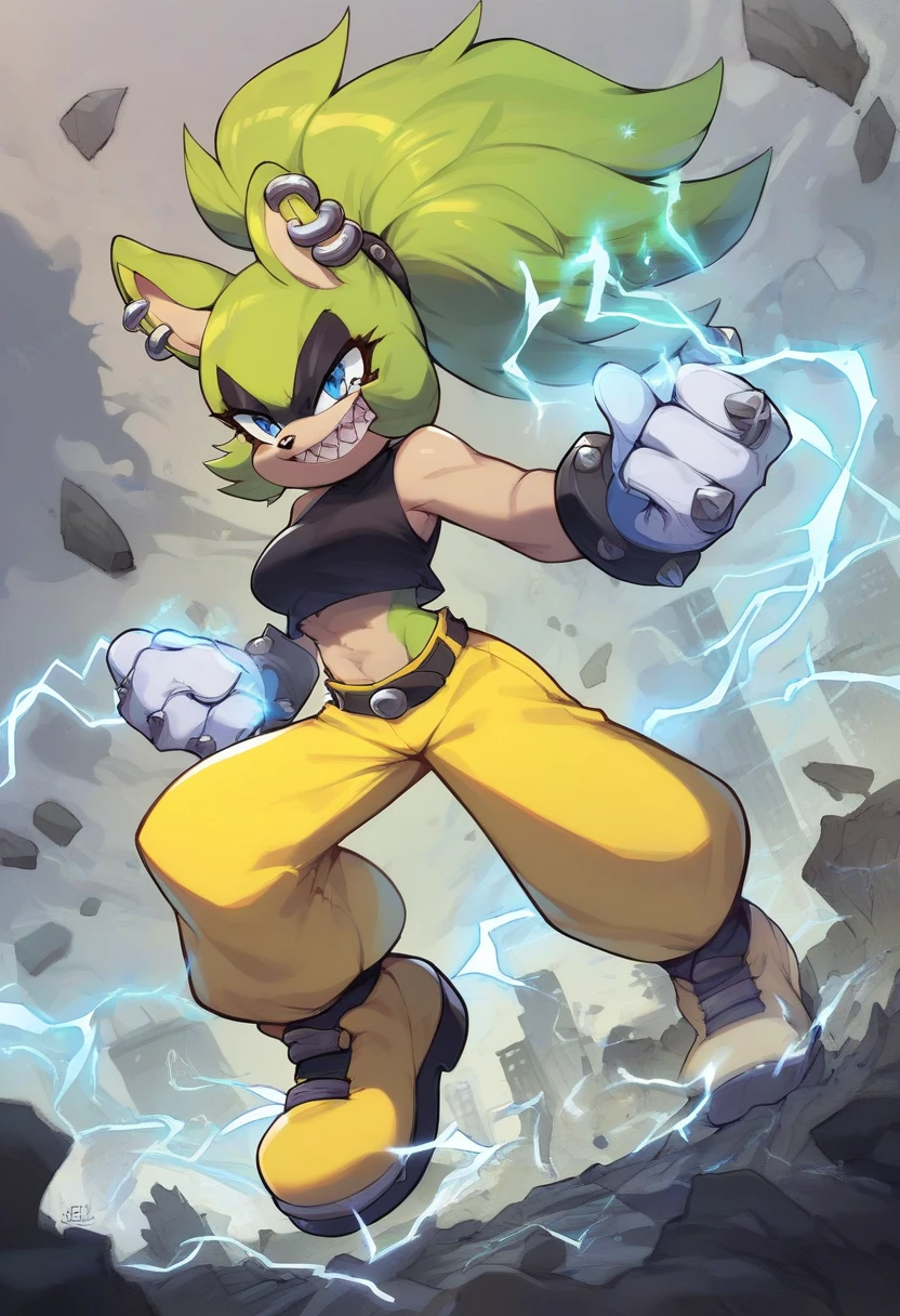 score_9, score_8_up, score_7_up,((best quality)), absurdres,((full body)),SurgePXL,blue eyes, furry,furry female, sharp teeth, animal nose, green hair, ponytail, animal ears, green skin,  spiked hair,gloves,white gloves,crop top, black crop top,yellow pants,earrings, piercing, yellow footwear, belt, ear piercing, rings,[[muscle]], slim,solo,face paint, action pose, grin,city, debris,electricity, blue electricity,half-closed eyes mega mushroom power up 