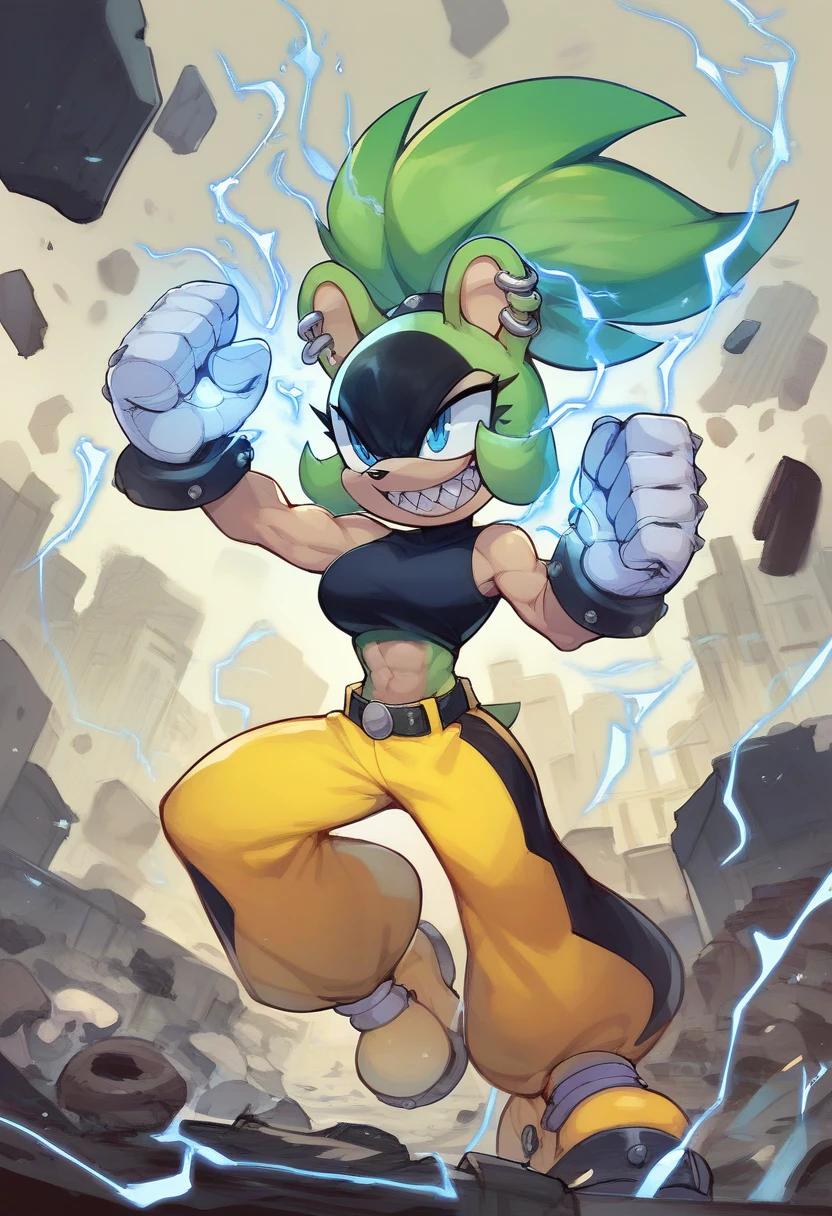 score_9, score_8_up, score_7_up,((best quality)), absurdres,((full body)),SurgePXL,blue eyes, furry,furry female, sharp teeth, animal nose, green hair, ponytail, animal ears, green skin,  spiked hair,gloves,white gloves,crop top, black crop top,yellow pants,earrings, piercing, yellow footwear, belt, ear piercing, rings,[[muscle]], slim,solo,face paint, action pose, grin,city, debris,electricity, blue electricity,half-closed eyes mega mushroom power up 