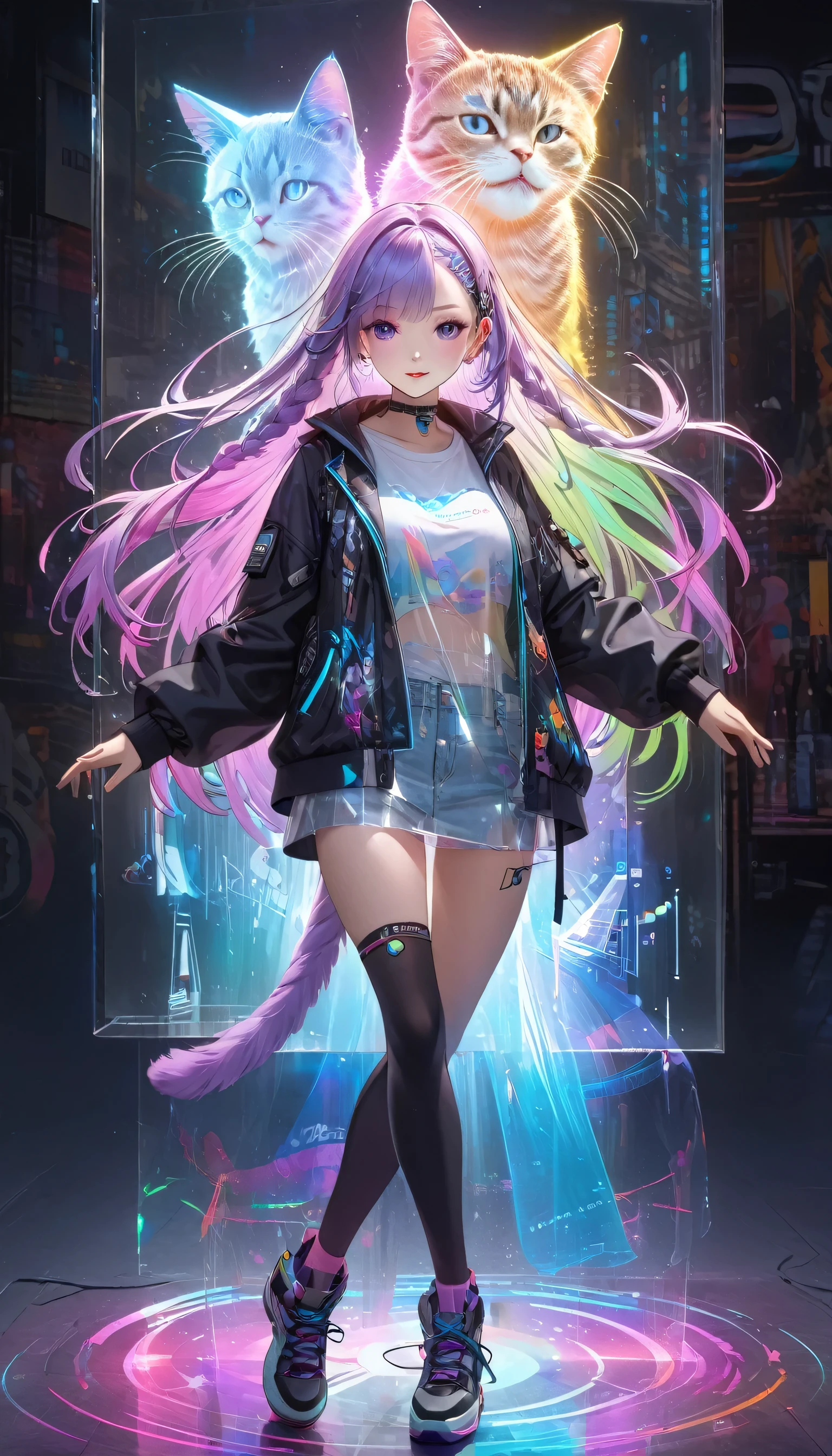 Full Color, (Transparency:2.0), 
break Ultra-realism, Detailed and realistic skin texture, Detailed and intricate texture, Intricate and complex brushwork, Detailed and vivid depiction, Transparent depiction, Midea, 
Girl with cat, DJ girl in the club, cyberpunk, White and purple gradient braided long hair, Neon Holographic transparent cat dancing like a human, break Neon Art Background, Cinematic lighting effects, Transparent light, Mysterious Light, Fantastic Fog, Cryptic, 
break ((Fantastic rainbow colors, Holographic)), (Detailed and transparent depiction, Transparency:1.6), 