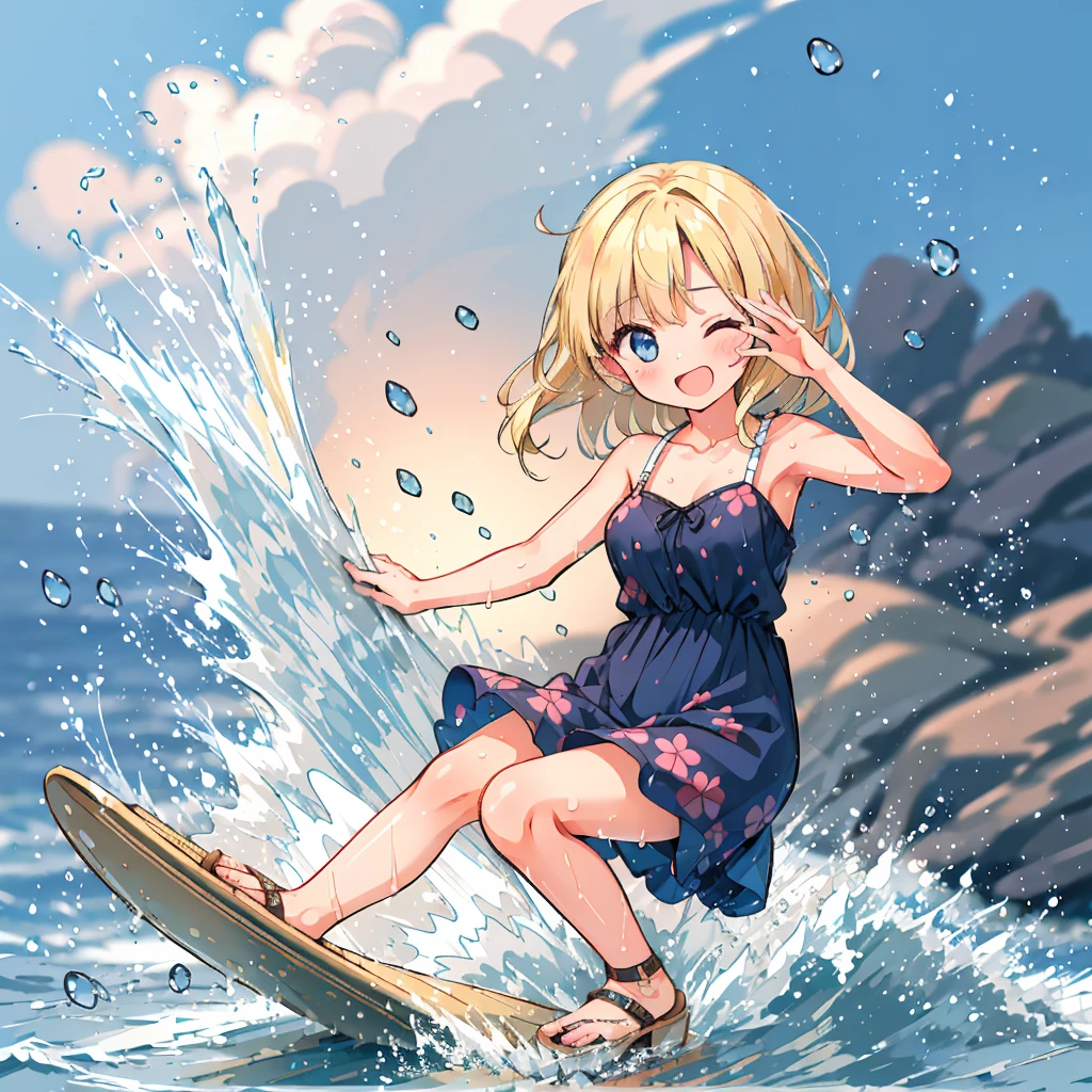 (8k, super high quality, masterpiece), (detailed), One Woman, cute, Small breasts, blonde, Navy Blue Dress, Floral, Hawaiian Dress, Sandals, whole body, sea, surfing, soaked, Childlike, The best smile, Water Drop, My clothes are wet and shining, 