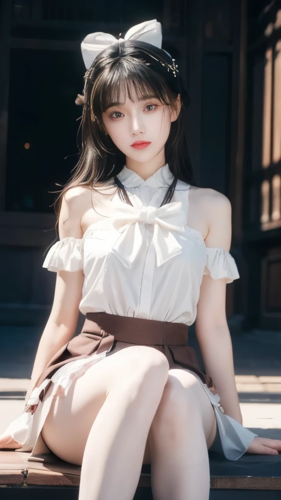 Top quality, Masterpiece, 超高分辨率, (Photorealistic: 1.4), RAW photo, 1 girl, English maid, Ruffled maid headband, pony tails, Braided hair, Ruffle blouse, Ribbon Ties, aprons, Long skirt, Puff sleeves, White silk ankle socks,frilld, Glowing skin, No gray background, Flowers, crouched