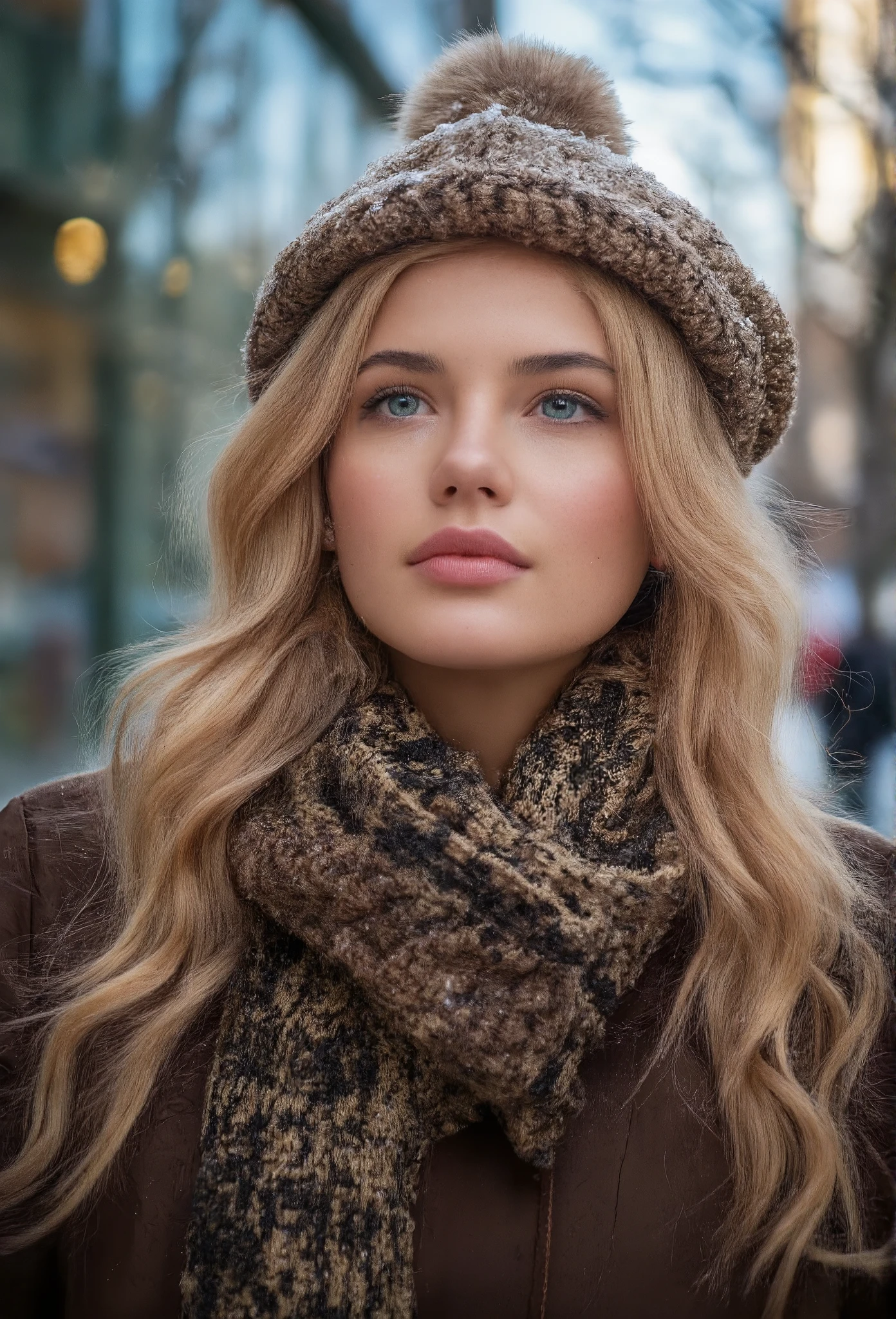 Realism style, realism,
professional portrait photography of gorgeous norwegian girl in winter clothes with long wavy blonde hair, sultry flirty look, freckles, gorgeous symmetrical face, cute natural makeup, wears elegant warm winter clothes, standing outside in snowy city street