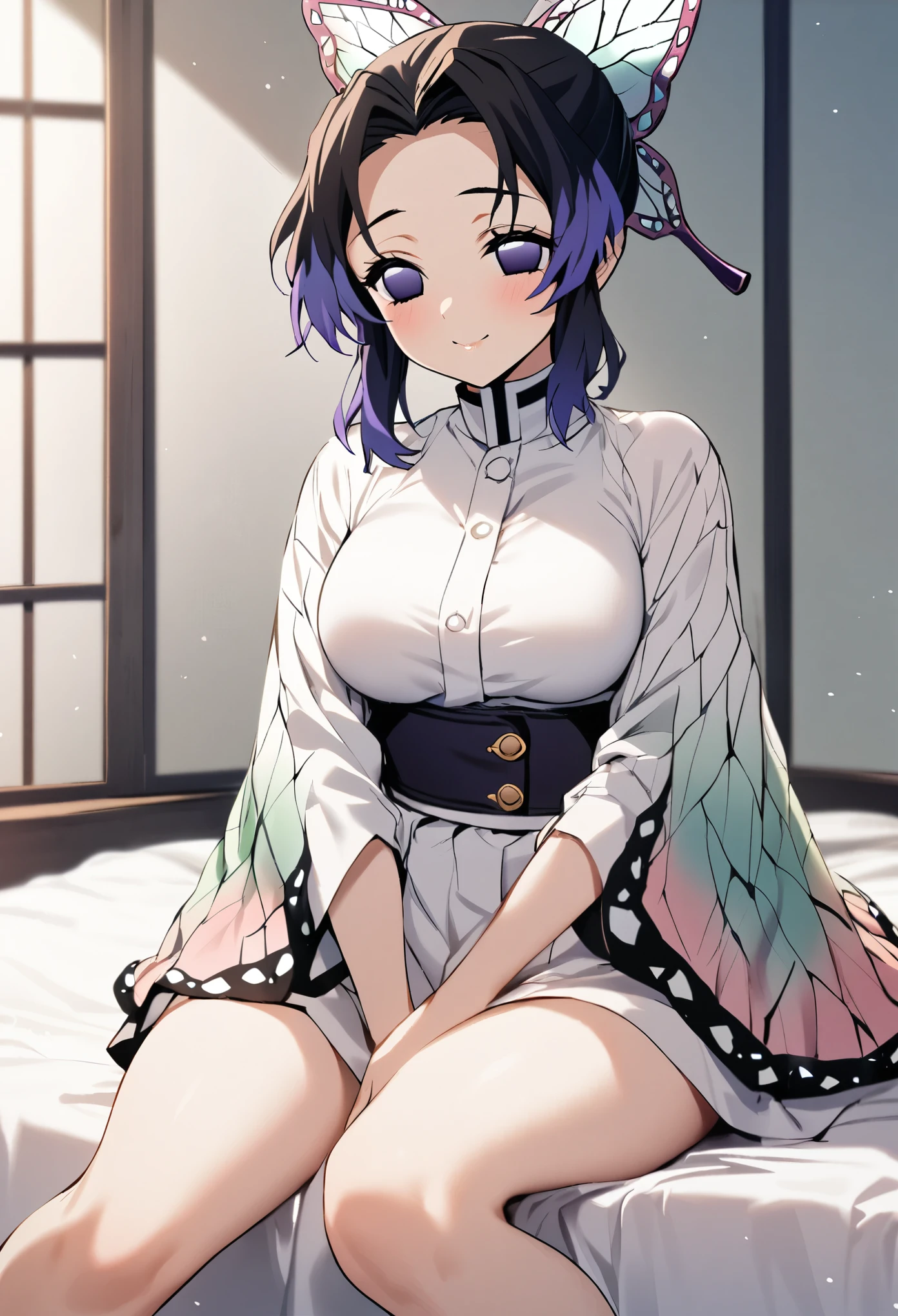 score_9, score_8_superior, score_7_superior, sauce_anime,
胡butterflyしのぶ, Shinobu Kochou, Animal print, Black Hair, butterfly, butterfly hair ornaments, butterfly print, amount, Gradient Hair, hair ornaments, Haori, Multicolored Hair, Parted bangs, Purple Hair, short hair, Two-tone hair,Large Breasts, all body, Exposed breasts, penis,pussy, ((half closed eyes)), afterglow, whole body,Lying face up on the bed,Normal position,