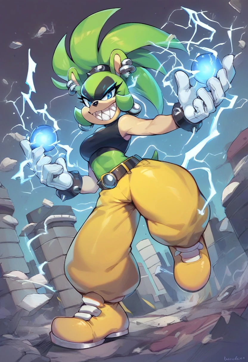 score_9, score_8_up, score_7_up,((best quality)), absurdres,((full body)),SurgePXL,blue eyes, furry,furry female, sharp teeth, animal nose, green hair, ponytail, animal ears, green skin,  spiked hair,gloves,white gloves,crop top, black crop top,yellow pants,earrings, piercing, yellow footwear, belt, ear piercing, rings,[[muscle]], slim,solo,face paint, action pose, grin,city, debris,electricity, blue electricity,half-closed eyes Mario outfit  mega mushroom power up abilities Size-shifting 