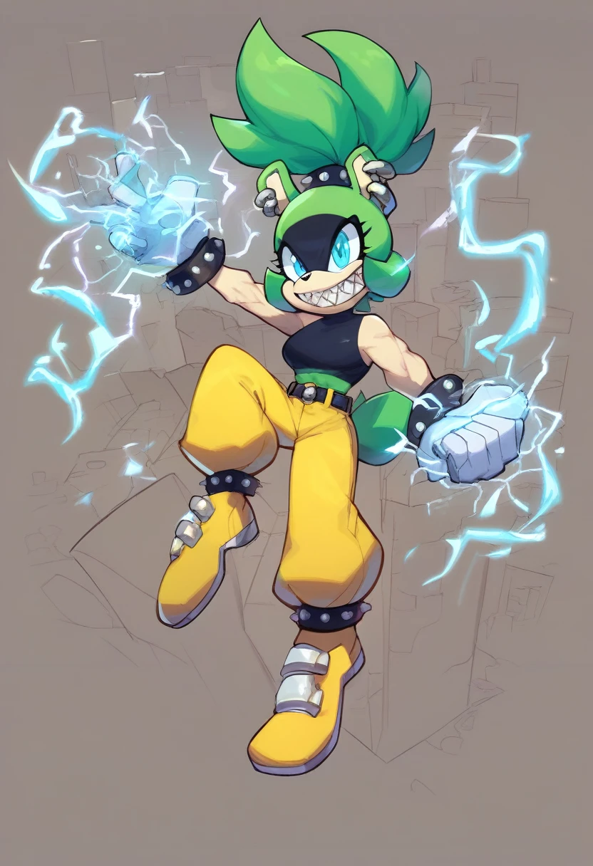 score_9, score_8_up, score_7_up,((best quality)), absurdres,((full body)),SurgePXL,blue eyes, furry,furry female, sharp teeth, animal nose, green hair, ponytail, animal ears, green skin,  spiked hair,gloves,white gloves,crop top, black crop top,yellow pants,earrings, piercing, yellow footwear, belt, ear piercing, rings,[[muscle]], slim,solo,face paint, action pose, grin,city, debris,electricity, blue electricity,half-closed eyes Mario outfit  mega mushroom power up abilities Size-shifting 