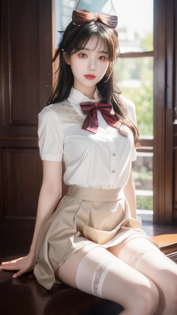 Completely normal body.,girl, Brown skirt,((White stockings)),((masterpiece, Best quality, high resolution)), 8K ที่Very detailed, beautiful girl with , (Ultra HD, Very detailed, เนื้อหามีรายVery detailed, Very realistic, Surrealism, Live Photos), (1 female，Bow:1.5), (Realistic brown), Hair details,Hairpin, (Dynamic camera poses,, Beautiful and delicate face，Open slightly, Beautiful eyes),, glow,Sitting