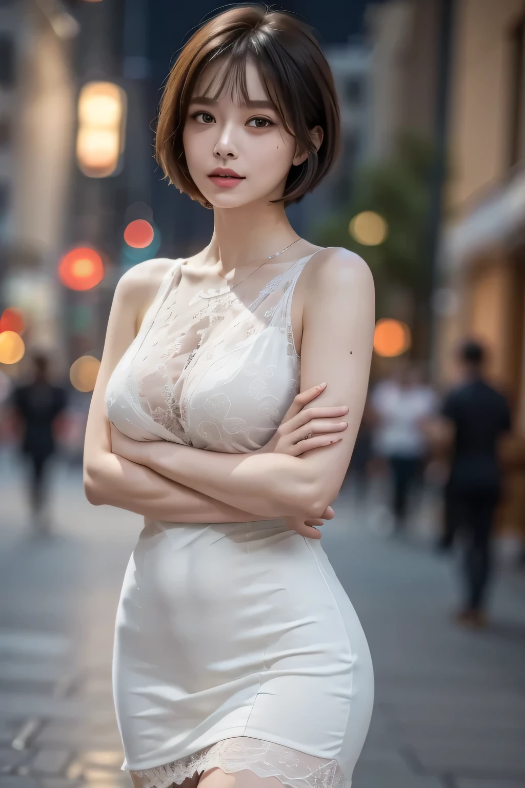 Black dress posing for photo、(pink hair:1.2)、beautiful asian girl、japanese girl、cute thin face of girl、young woman、short hair、smile、((highest quality、8k、masterpiece:1.3))、focus:1.2、perfect body beauty:1.4、B cup breasts、butt:1.4、((layered haircut、beautiful breasts:1.5))、Sexy Strapless See Through Mesh Corset Top and Mini Bandage Skirt、see through dress;1.3、bandeau dress:1.1、Highly detailed face and skin texture、delicate eyes、double eyelid、 white skin、long hair、(blue sky:1.1)、(Black dress:1.2)、Brooklyn Bridge、Brooklyn cityscape
