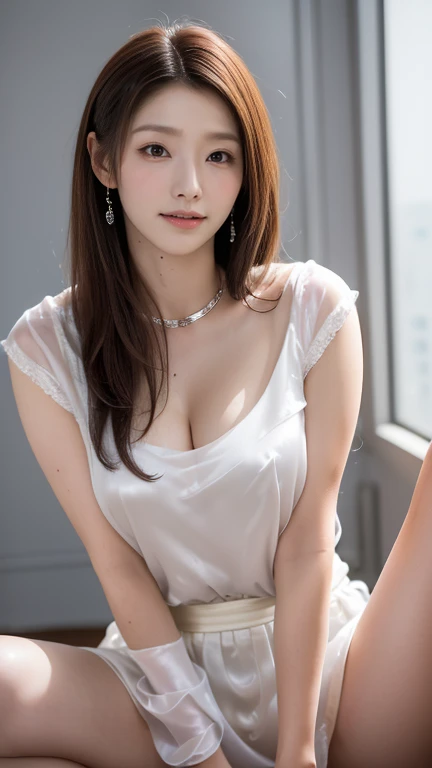 High resolution、8k、Age 25、Beautiful woman、Best Quality,8k,Huge ,Nipples,saggy ,thick、 (Full body photo:1.2)、Best Quality、8k、32K、masterpiece,Beautiful woman、((Sheer silver silk blouse,A slit skirt that accentuates the waist, )｝、Soft atmosphere、Photographed from the front、((Describe the eyes in detail)),thick、Voluminous、Large Breasts,((Spread your legs))、Draw the feet neatly、Ridiculous 、 Sexual ecstasy、Drunk and red in the face:1.4、Flushed Cheeks:1.8、Embarrassing、(Shut your mouth.)、