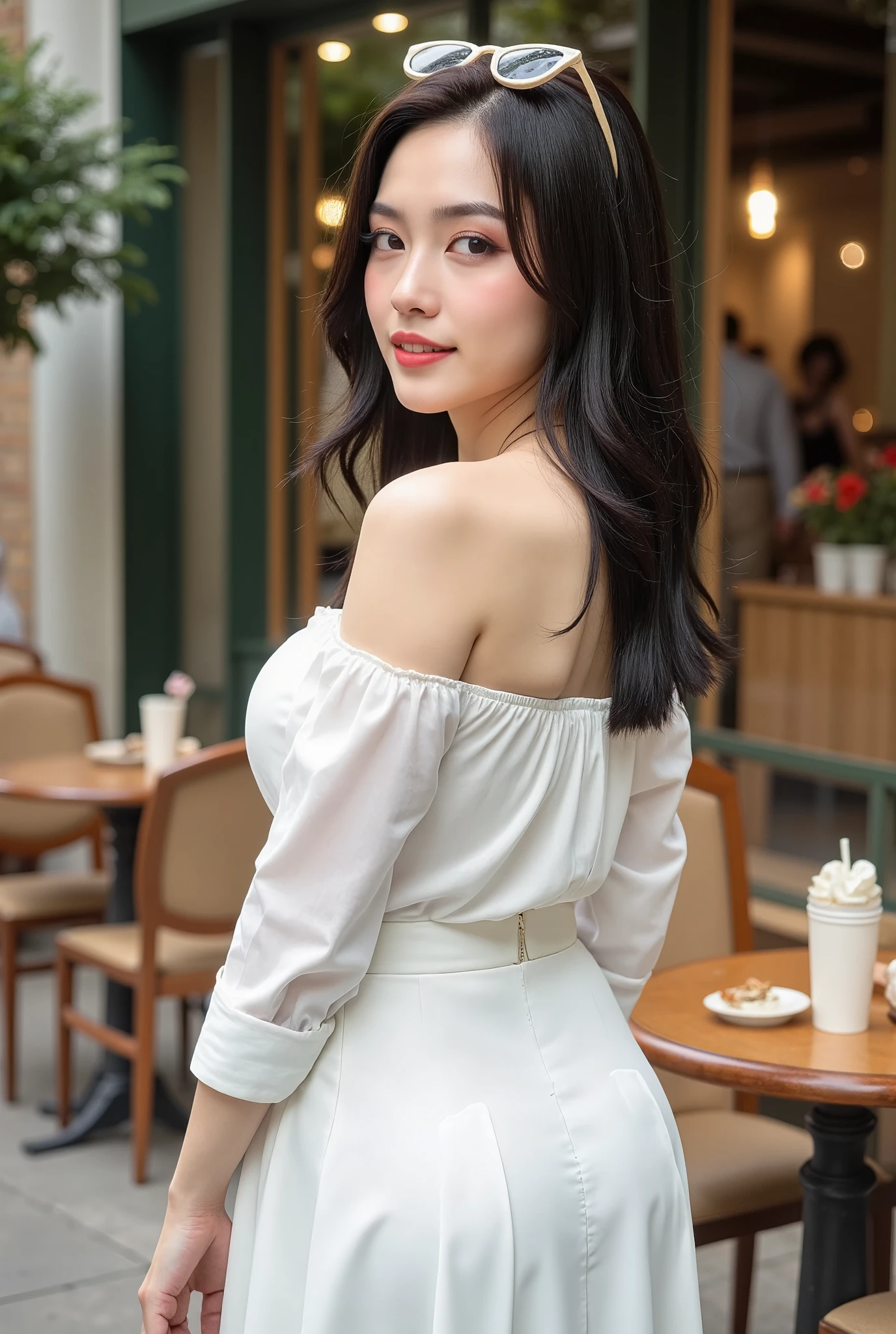 photography, model shoot, perfect body, round ass, from back shot, cowboy shot of a beautiful Asian woman wearing a white off shoulder shirt and white skirt standing outside a cafe, she is posing, she has pretty lipstick, outdoor