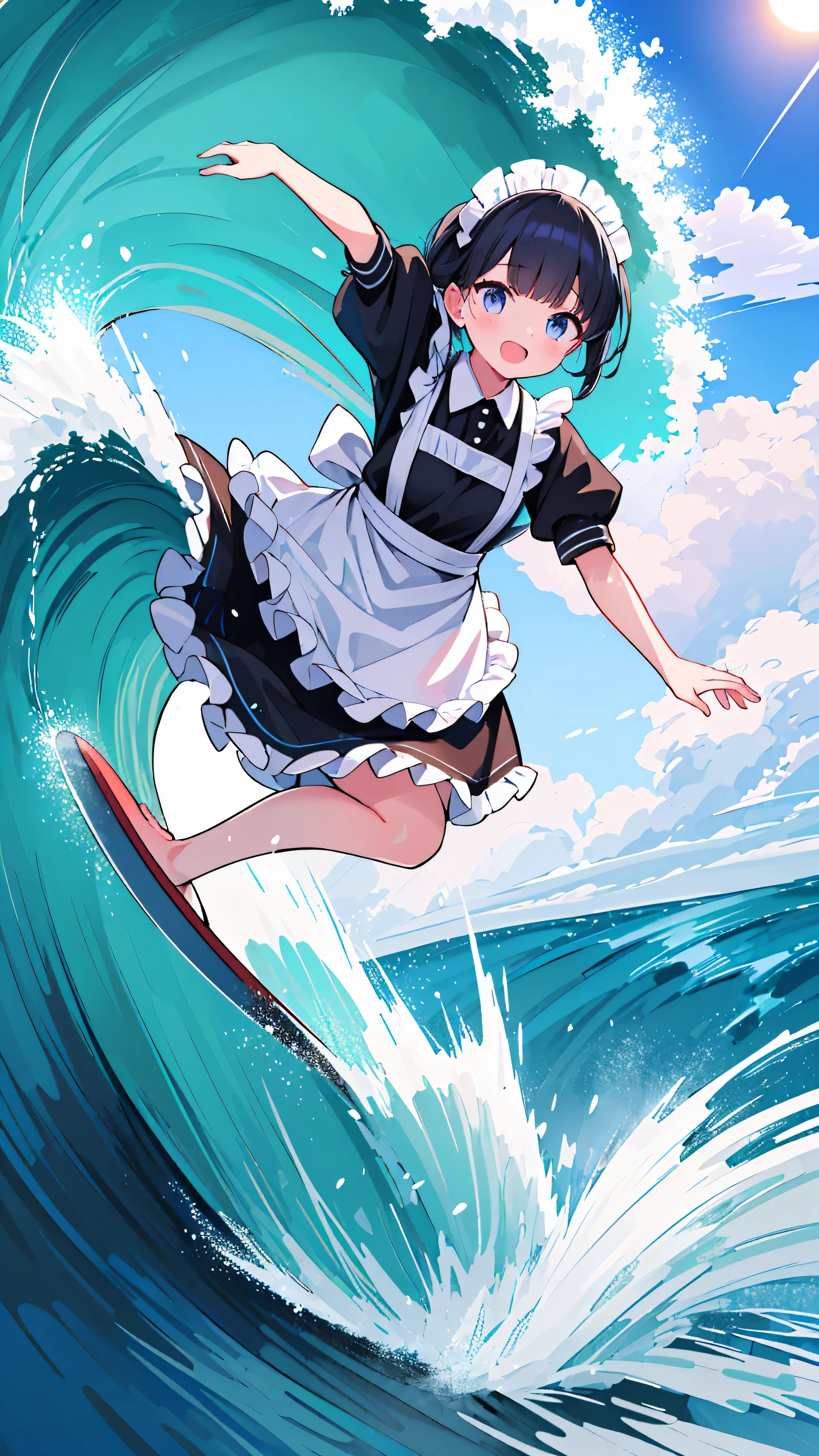 (8k, Best Quality, masterpiece: 1.2),Ultra-high resolution, 1 person, solo,Highly detailed face, Apron dress, Black Dress, White apron, black and white maid outfit, Random Hairstyles, Gay Hair, surfing, sea, Wave, sunlight, Ecstatic expression, Splash, Overall image, Flooding, Wet, surfboard, 