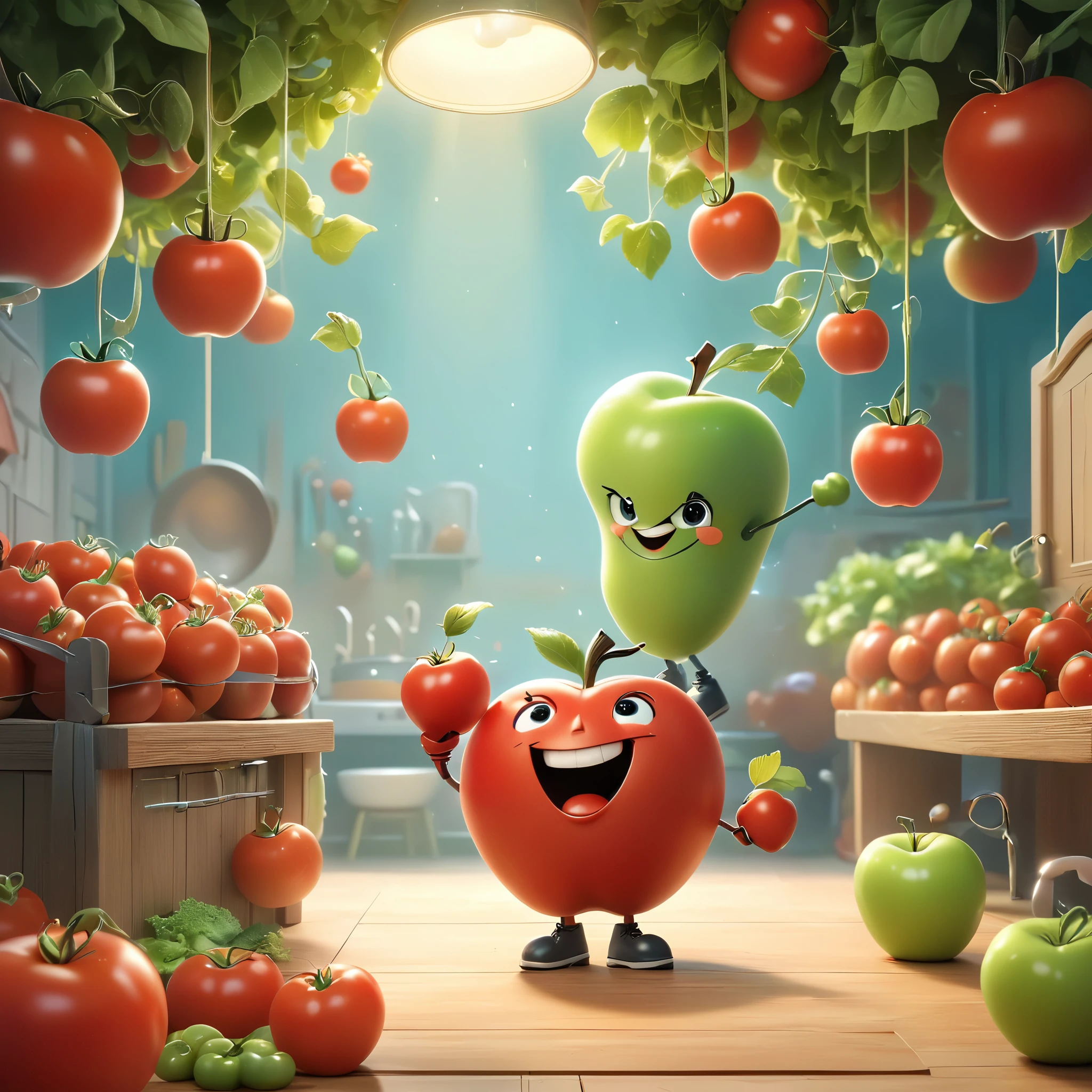 Imagine a whimsical scene where a charming apple and a plump tomato stand in a boxing ring, poised for a friendly bout. The apple, sporting miniature gloves and a determined smile, the tomato, which wears its own set of gloves, its stem resembling a jaunty little hat. The ring is set in a kitchen-like arena, with utensils hanging on the walls and an audience of various fruits and vegetables cheering with childlike enthusiasm. The colors are vibrant and cartoonish, with exaggerated expressions and movements that capture the innocence of childhood and the spirit of camaraderie. The entire composition is lively and animated, as if the apple and tomato are not just food items, but beloved characters in their own right, engaging in a playful spar that symbolizes their unique friendship.