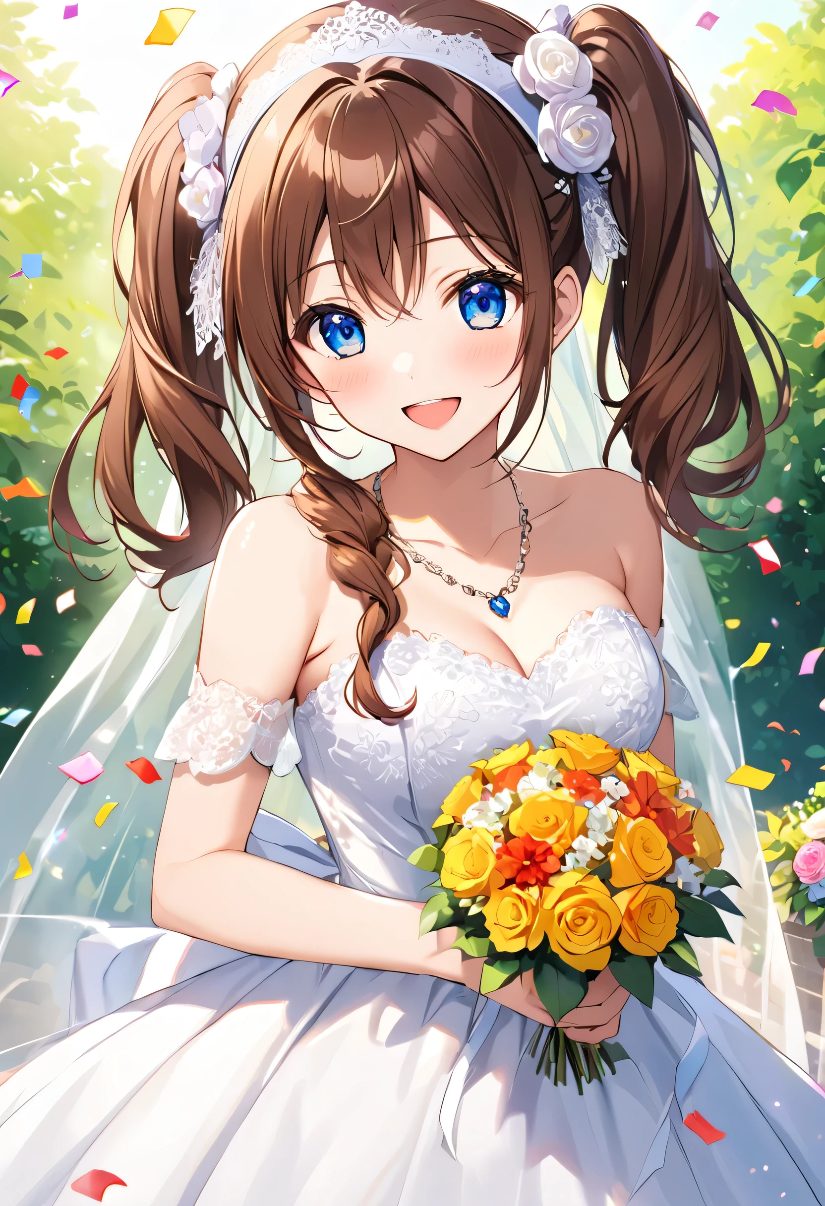 score_9, score_8_up, score_7_up, score_6_up, score_5_up, score_4_up, source_anime, aarosa, long hair, brown hair, double bun, twintails, visor cap, blue eyes, medium breasts, garden, wedding dress, necklace, smile, open mouth, bouquet, day, confetti, cowboy shot, standing, cowboy shot,