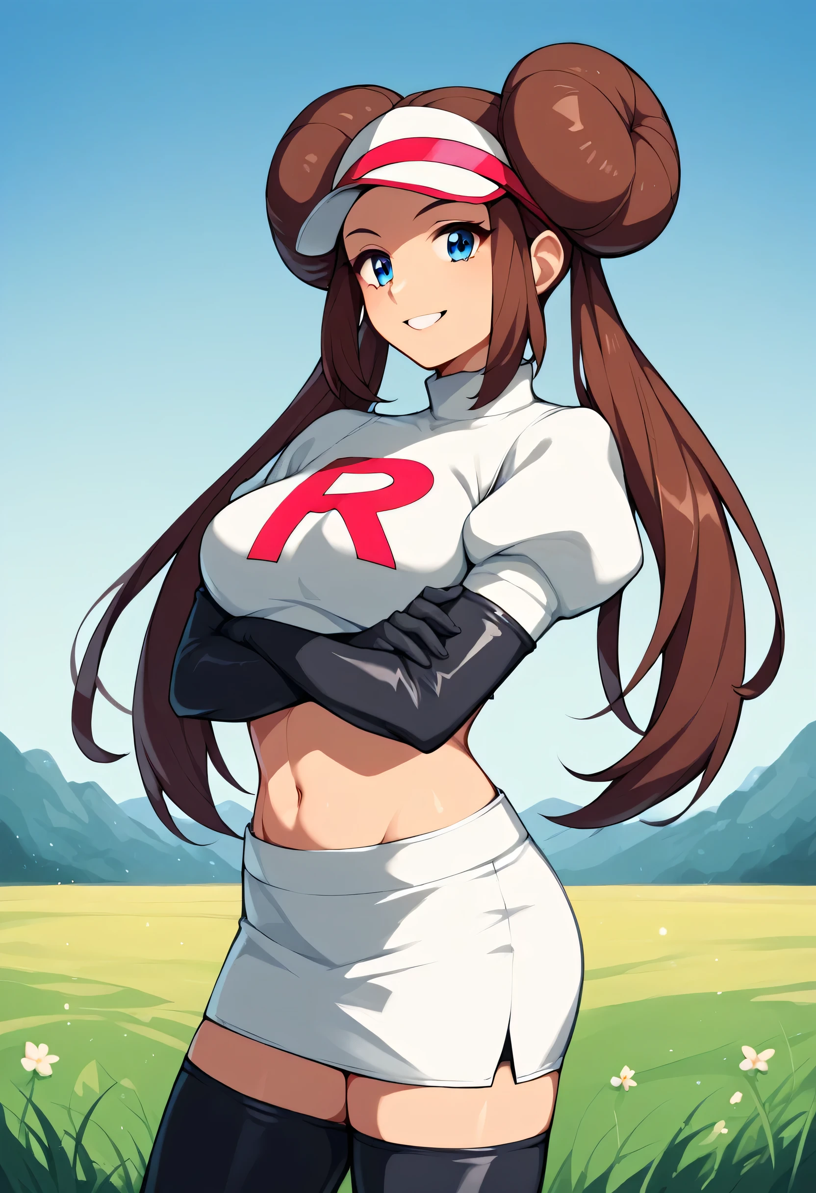 score_9, score_8_up, score_7_up, score_6_up, score_5_up, score_4_up, source_anime, aarosa, long hair, brown hair, double bun, twintails, visor cap, blue eyes, medium breasts, cosplay, team rocket uniform, crop top, white jacket, puffy sleeves, elbow gloves, black gloves, midriff, pencil skirt, white skirt, black thighhighs, standing, cowboy shot, outdoors, field, smile, crossed arms,