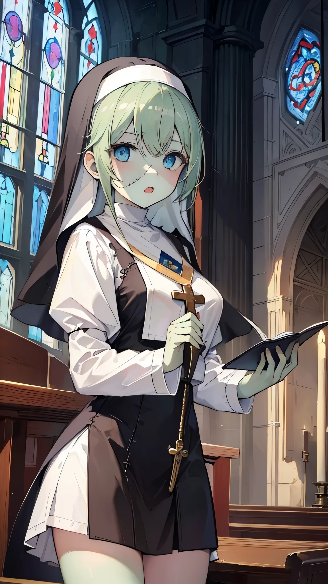 ((masterpiece、Best Quality、Very detailed))、One Girl、((Green Skin))、Blonde、Long Hair、Light blue eyes、((open mouth))、Moderate breasts、((nun))、((stitched face:1.2))、Cowboy Shot、Stained Glass、Church Background