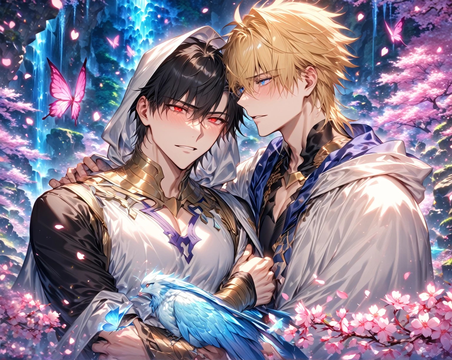 absurdres, highres, ultra detailed, HDR, master piece, best quality, detailed eyes, detailed face, delicated features, Gilgamesh, blonde hair, expressive red eyes, Fate Grand Order, Xaiver, wild black hair, expressive icy-blue eyes, two sexy men together, handsome, yaoi, gay couple, in love, boyfriends, adult face,adult, hooded white cape, cropped black shirt, silver accessories, arabian, white tunic, fantasy, magical, cherry blossoms, pink flowers, pink butterflies, waterfall, rocks, pink petals, nature, spring