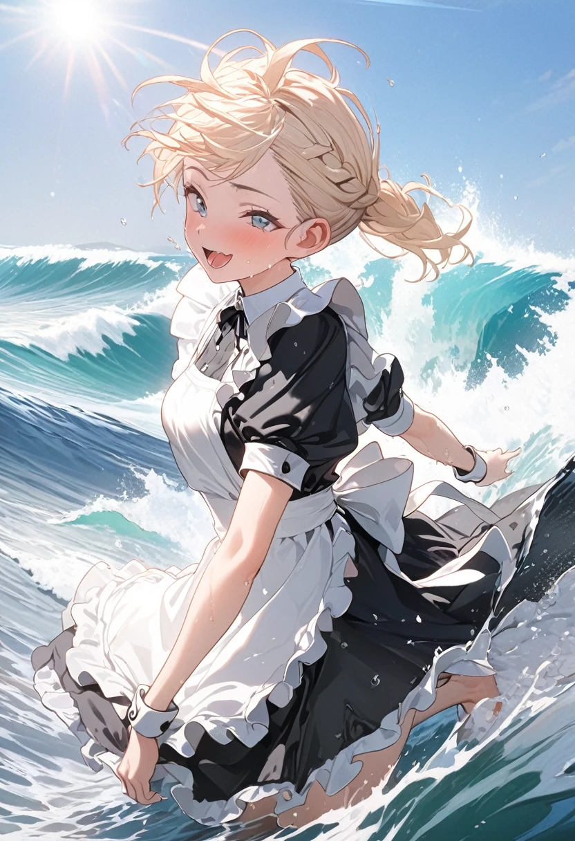 (Super best quality)(Highest quality)(Attention to detail)
Maid clothes, White apron, Headband, (Fashionable clothes)
Gothic Dress, ribbon, Maid clothes, (白と黒のMaid clothes), Normal collar, Classic, Short sleeve,
Ocean, Beach, (Wave, Wave打ち), 高Wave, 荒Wave, In the water, (Waterlogged), Water Play,
((Even my clothes are wet 1.1))((Even my clothes are soaked in water)), (Water drop 1.1), Soaking wet, ((Deep water depth)) ((Deeply immersed))
Blonde, Blue Eyes, Cat ear, cute, Naughty, The best smile, Water droplets all over the body((全身にWater drop 1.1)), Long, Water drops on my arms, Water drips from the clothes, Small breasts, Less exposure, Floating offshore, The clothes are sinking, Submersion,