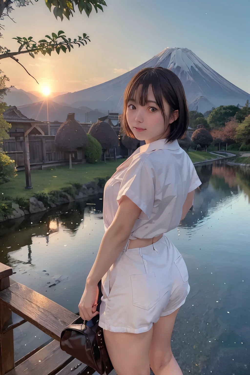 8k, raw photo, best quality, hires, realistic, photorealistic, extremely detailed 8k wallpaper, beautifully detailed eyes, finely detailed face, 
 break 
rim lighting, 
 break 
((the sun is just falling into the mount-fuji's mountaintop:1.4), 
light purple dusk:1.2, shrine precincts, fallen leaves, sparkle), 
 break 
perfectly anatomically correct:1.1, 
 break 
1 girl, 
kawaii, very short bob hair, cheerfully, 
(formal long bottoms:1.1, formal pale colored shirt:1.1), 
(symmetrical clear eyes), chocolate color eyes with captivating reflections, 
[teary eyes, 
[white skinned], [round face], round chin, chiseled face, 
moderate eye bags, double eyelids, tareme, [wide-set eyes], [big eyes, almond-shaped eyes], thin lips, [small nose], [embarrassed, blush], 
[wet hair], 
seventeen], 
looking back viewer straightly, 
 break 
[sfw:1.0], 
 break 
wide shot, feet out of frame, bokeh:1.2