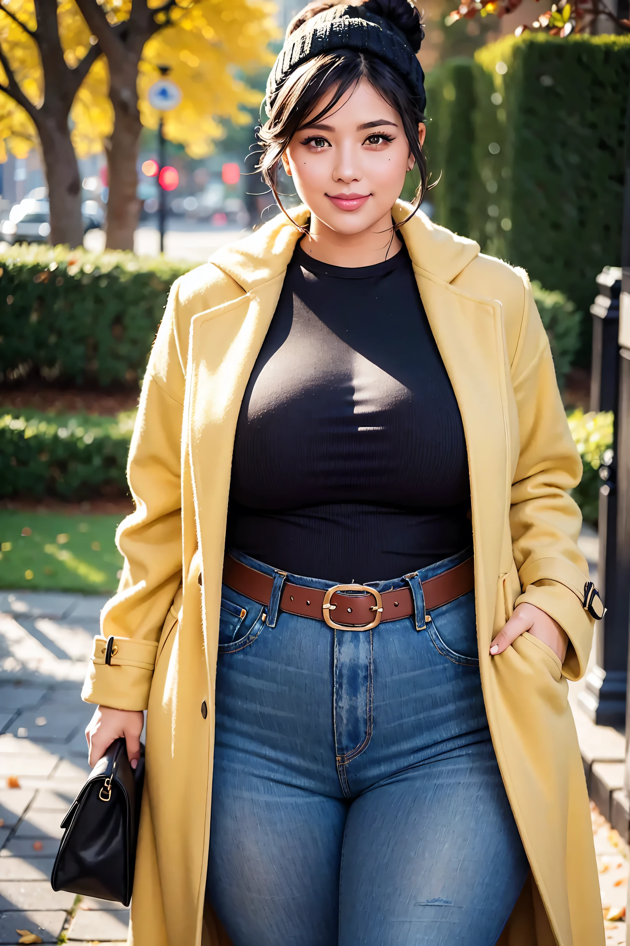 Beautiful sensual woman with a curvy body, long hair, bangs, french braid, widest waist, fitting breasts, curvy accentuated booty, sparkling eyes, long eyelashes, thick thighs, Strong calves, smirk, taniaayusiregar, She wears a yellow wool Coat, red Pullover, pink trousers, belt, beanie, she is in a dark low lit Park, evening in Winter, snowy, photorealistic, Masterpiece, bokeh, Volumetric lighting, winter season atmosphere, close up shot