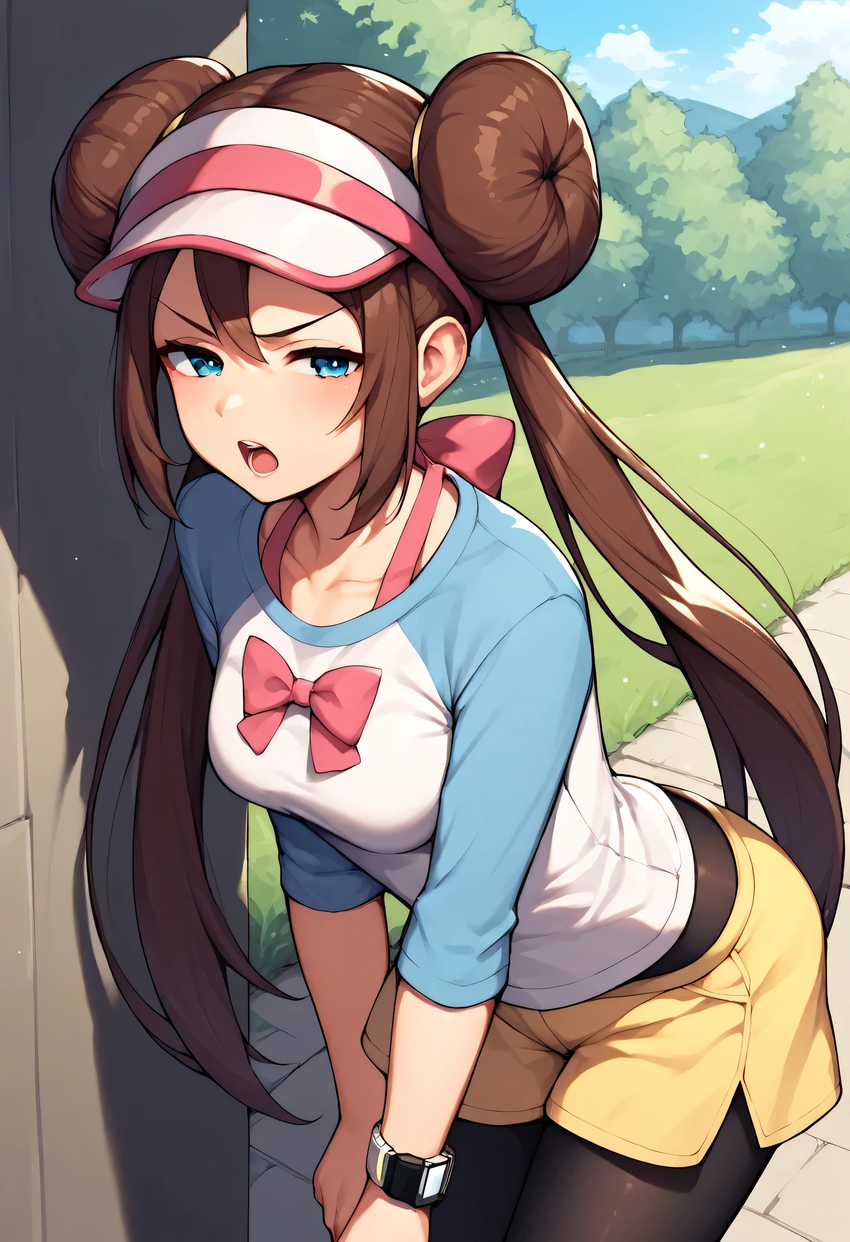 score_9, score_8_up, score_7_up, score_6_up, score_5_up, score_4_up, source_anime, aarosa, long hair, brown hair, double bun, twintails, visor cap, blue eyes, medium breasts, collarbone, pink bow, shirt, raglan sleeves, wristwatch, short shorts, yellow shorts, pantyhose under shorts, black pantyhose standing, cowboy shot, leaning forward, thinking, stroking own chin, hand on own chin, v, outdoors, v-shaped eyebrows, half-closed eyes, open mouth,