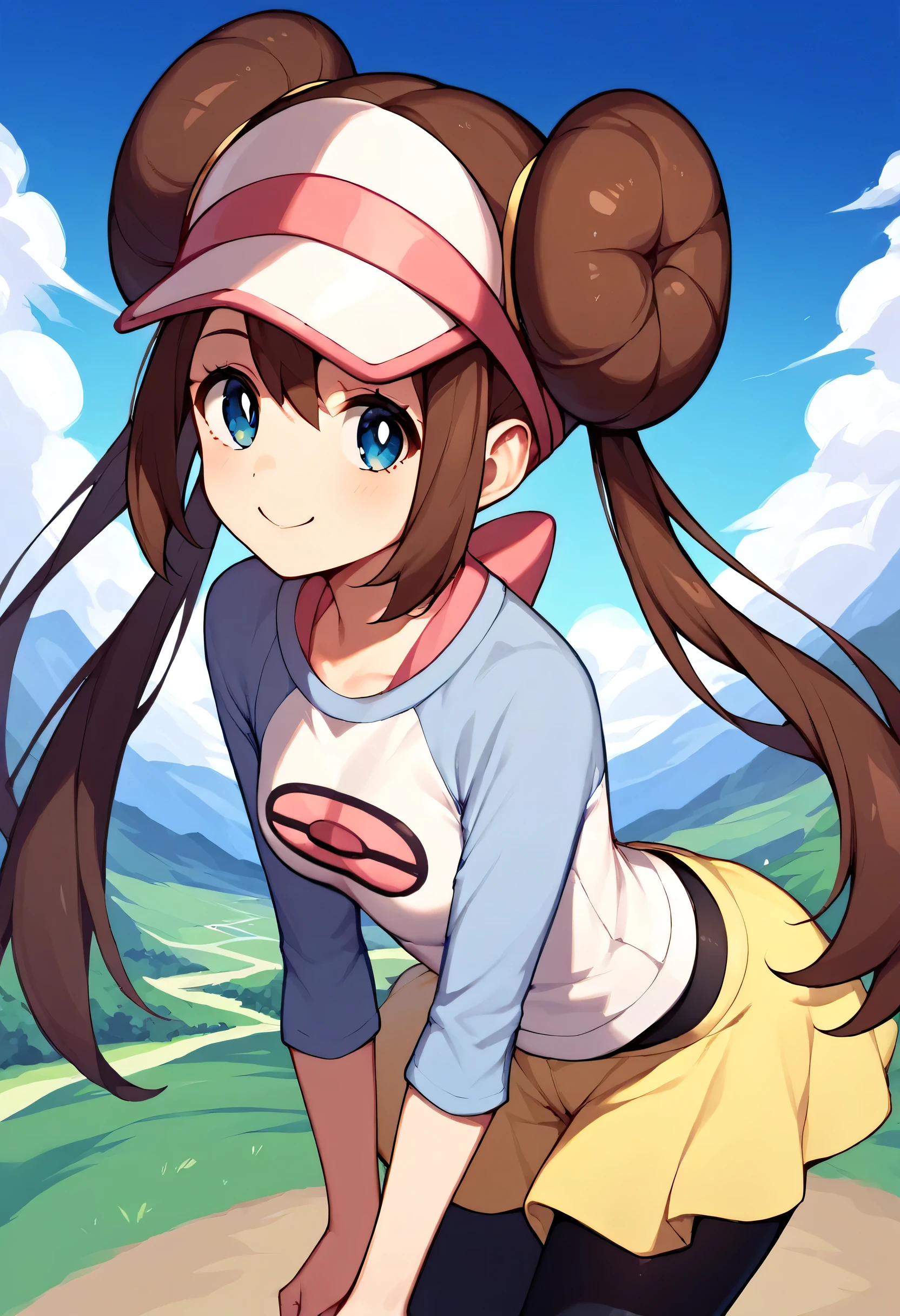 score_9, score_8_up, score_7_up, source_anime,
pokemonrosa, rosa, brown hair, double bun, doughnut hair bun, hair bun, blue eyes, hair between eyes, twintails,
pantyhose, pantyhose under shorts, raglan sleeves, skirt, yellow skirt, white shirt, blue sleeves, long sleeves, visor cap,
landscape, bent over, smile,looking at viewer, cowboy shot, solo, dutch angle,