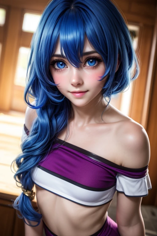 (best quality: 1.2), (high resolution, 4k, 8k), (masterpiece: 1.2), (intricate, hyper-detailed details: 1.15), yoshino astral dress, (long hair, hair between the eyes, blue hair ), Embarrassed face, blushing, cinematic lighting, (big bright eyes, beautiful realistic blue eyes), visible features, natural cheek, fair skin, soft lips, smile, teeth, (beautiful and detailed face with perfect symmetry), medium breasts , body with perfect anatomy, perfect natural texture, ultra-details, shiny skin, (Cropped: 1.5), off-the-shoulder neckline, shorts, tights, sensual movement, full photo below