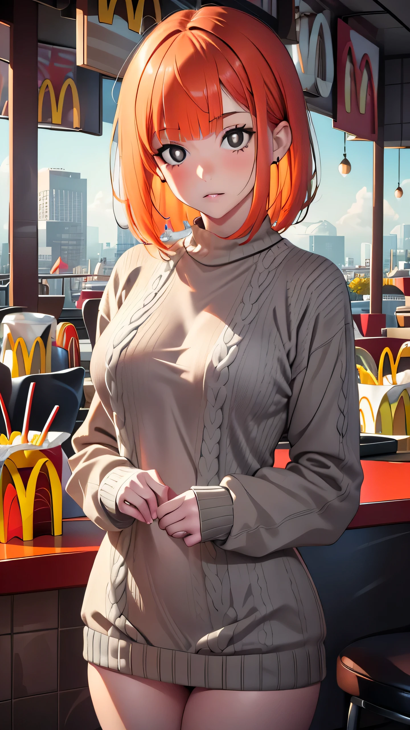 (8k uhd, masterpiece, best quality, high quality, absurdres, ultra-detailed,detailed face,detailed background),perfect lighting, 1girl, McGingerMom,orange hair,(large breasts:1.3),bobcut,(black eyes:1.25), white pupils,cowboy shot, indoors,mcdonald's:(grey sweater:1.2),clothes lift,bottomless, ,pubic hair