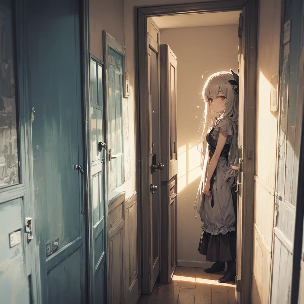 masterpiece, best quality, ultra-detailed, pastel color palette, a soft and slightly eerie depiction of a character peeking through a chained door. The character’s large, glowing blue heart-shaped eyes are rendered in soft pastel shades, creating a dreamy, almost ethereal glow that contrasts with the darker tones of the door. Their face, though partially obscured by the door, is softly shaded with warm, pastel hues, and their wide, innocent smile is both cute and unsettling. The golden crown on their head is rendered in soft, muted yellows, with gentle highlights that give it a soft, almost fuzzy appearance. The chain on the door, while dark, is softened by the pastel light, with each link drawn in soft greys and blues, blending gently into the background. The door itself is textured with light, pastel strokes, with scratches and wear depicted in soft, muted tones that add to the sense of an aged, forgotten space. The background is filled with soft shadows and faint pastel textures, creating a sense of depth without overwhelming the scene. The overall composition has a serene, dreamlike quality, with the pastel colors softening the darker, more unsettling elements of the scene, creating a delicate balance between cute and creepy. The light from the character’s eyes casts a soft glow, illuminating their face and hands in a way that feels gentle, yet otherworldly, adding to the surreal atmosphere of the artwork.