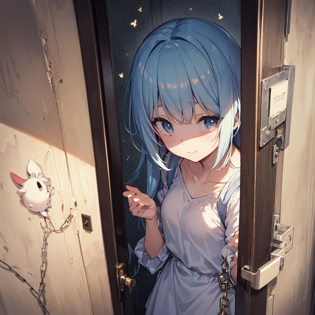 masterpiece, best quality, ultra-detailed, pastel color palette, a soft and slightly eerie depiction of a character peeking through a chained door. The character’s large, glowing blue heart-shaped eyes are rendered in soft pastel shades, creating a dreamy, almost ethereal glow that contrasts with the darker tones of the door. Their face, though partially obscured by the door, is softly shaded with warm, pastel hues, and their wide, innocent smile is both cute and unsettling. The golden crown on their head is rendered in soft, muted yellows, with gentle highlights that give it a soft, almost fuzzy appearance. The chain on the door, while dark, is softened by the pastel light, with each link drawn in soft greys and blues, blending gently into the background. The door itself is textured with light, pastel strokes, with scratches and wear depicted in soft, muted tones that add to the sense of an aged, forgotten space. The background is filled with soft shadows and faint pastel textures, creating a sense of depth without overwhelming the scene. The overall composition has a serene, dreamlike quality, with the pastel colors softening the darker, more unsettling elements of the scene, creating a delicate balance between cute and creepy. The light from the character’s eyes casts a soft glow, illuminating their face and hands in a way that feels gentle, yet otherworldly, adding to the surreal atmosphere of the artwork.