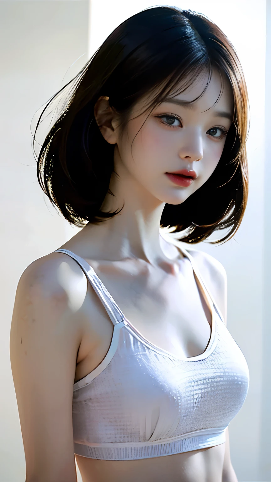 Gentle One Japan Woman、Cute and beautiful 24 years old, Looking here, (ultra detailed beautiful face, Detailed thin lips, Detailed large slicing length, 二重まぶた, A nose with a neat shape with a straight nose), Short hair, (7 heads tall, sloping shoulders, narrow shoulders, thin Upper chest, thin under chest, thin Waist, Very large big breasts:1.5), Tank Top Knitted Dress:1.1, photostudio, ((Super real photo, Photogenic, top-quality, in 8K, Photorealsitic, masterpiece:1.3))