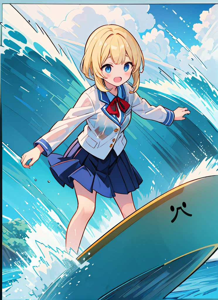 (8k, Best Quality, masterpiece: 1.2),Ultra-high resolution, 1 person, cute, Alone,Highly detailed face, Standing, blonde, blazer, shirt, blouse, ribbon, navy blueのシワ付スカート, navy blue, gothic long skirt, sea, sea水浴, Soaking wet, Splash, Water Play, Wet from head to foot, surfing, Childish, The best smile, date, Excited, Water droplets on the body, surfboard