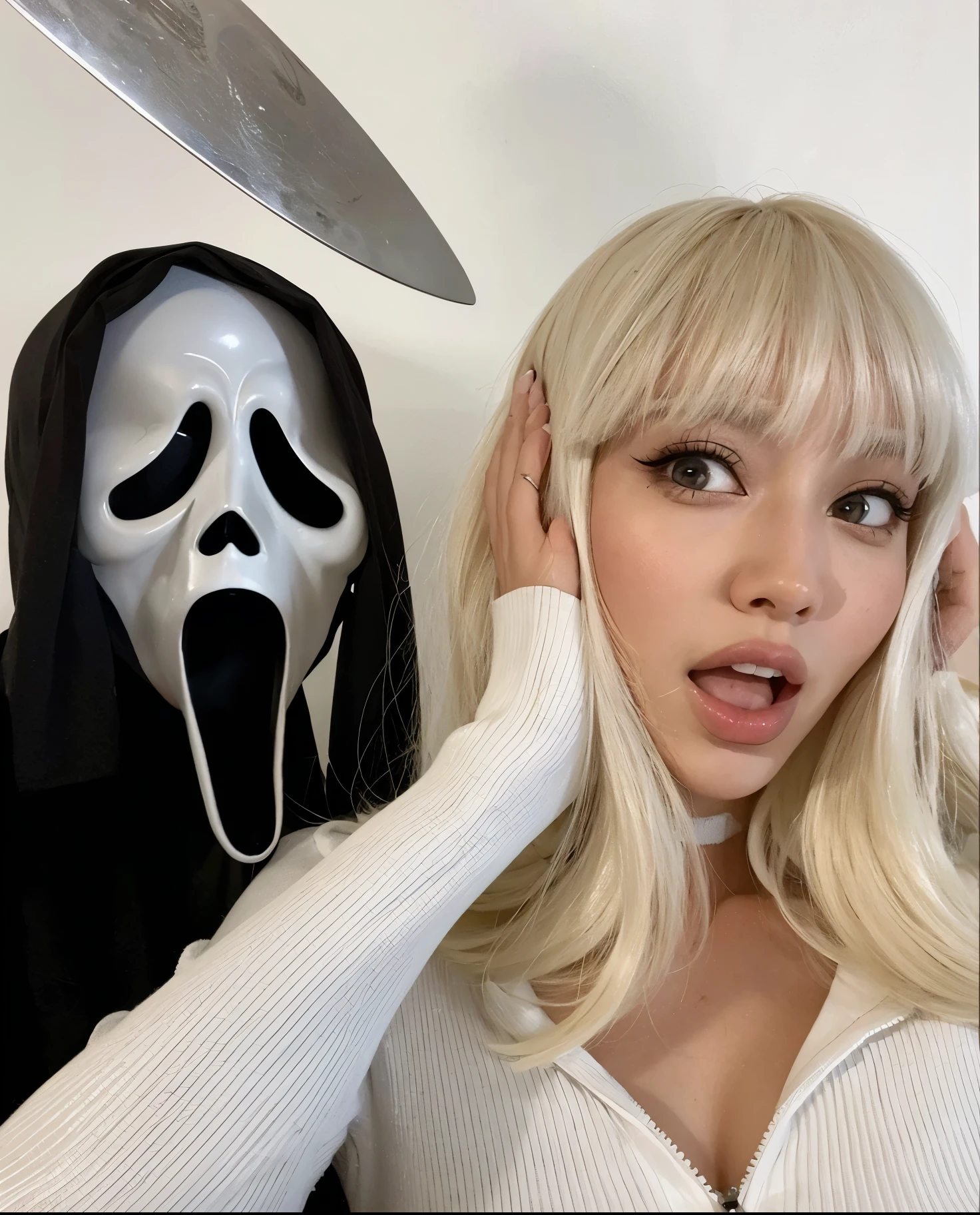 Woman wearing a black mask and a white shirt lying on the ground, pose de miedo, Con Kitsune Mask, sin cara, mirada aterradora, The mask covers your entire face, pose espeluznante, behind her is a scary atmosphere, Ahegao, Tendencias en CGVatstation, sin cara, Cara de Ahegao, pose siniestra, Masayoshi Suto y Artgerm