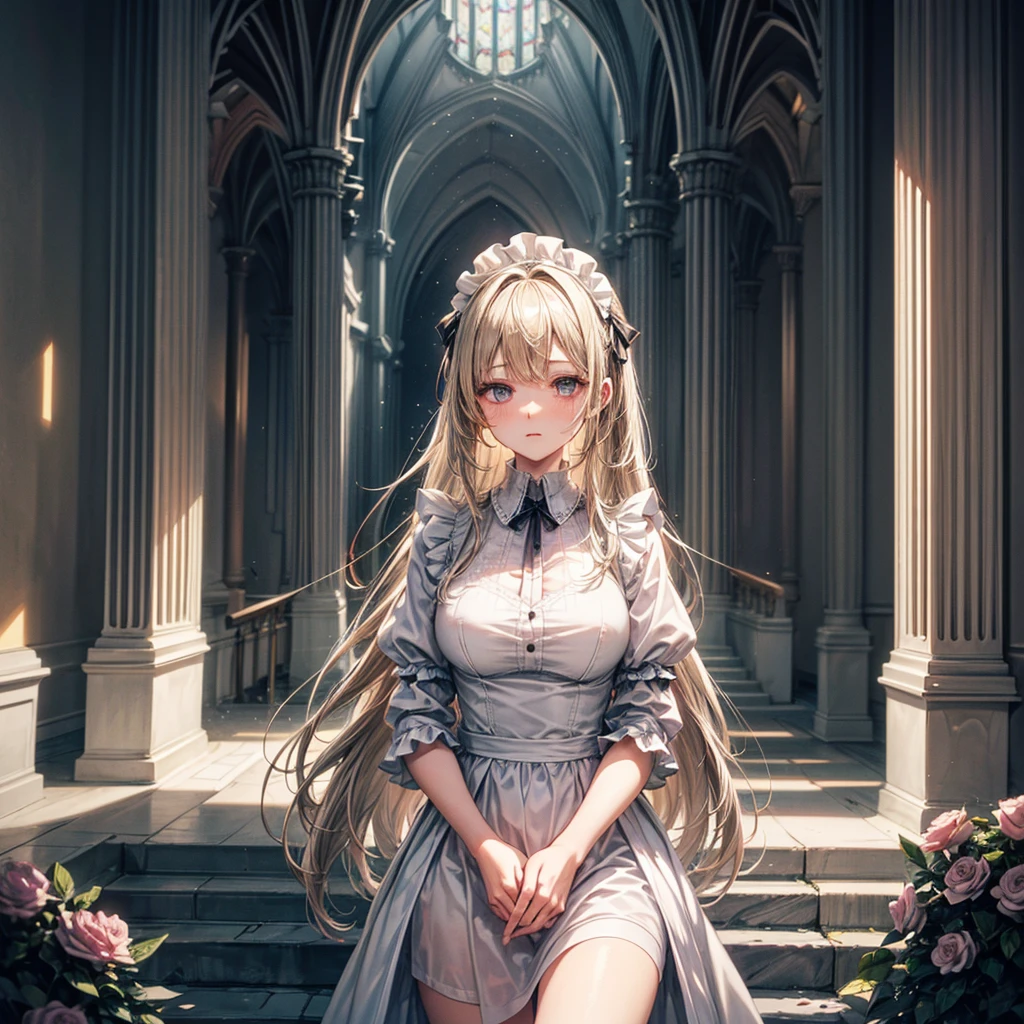 masterpiece, best quality, ultra-detailed, pastel color palette, a dreamlike scene of a young woman standing in front of a grand cathedral, her long, flowing blonde hair softly illuminated by the pastel glow of the swirling sky above. The soft pinks, yellows, and purples of the sky blend together in gentle, swirling patterns, casting a warm, diffused light over the entire scene. The woman’s maid outfit is rendered in soft shades of white and grey, with delicate pastel highlights adding depth to the folds of the fabric and the lace of her apron. Her hair flows gently in the breeze, painted in soft pastel blonde, with each strand catching the soft, ethereal light from the sky. Her expression is calm and serene, her eyes painted in soft shades of blue and purple, reflecting the gentle light from above. The background features the towering cathedral, its grand arches and spires painted in soft, muted greys and browns, with pastel highlights reflecting the warm light of the sky. Vines and flowers in soft greens and pinks climb the walls of the cathedral, blending softly into the background. Above, the sky is a swirling mix of pastel colors, with the central glowing orb radiating a gentle, calming light. The plants on the ground are drawn in soft, flowing lines, their pastel leaves blending into the shadows, adding to the peaceful, surreal atmosphere of the scene. The overall composition has a soft, dreamlike quality, with the pastel colors creating a sense of calm and serenity, as though the entire scene is bathed in the gentle glow of a distant dream.