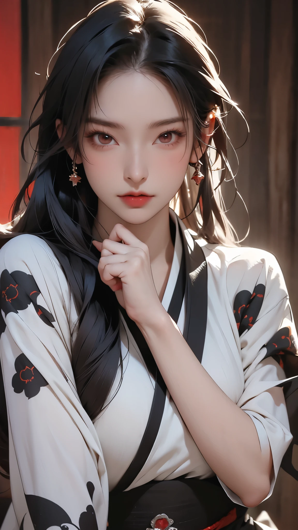 realistic, 1girl, high quality fingers, normal hands, detailed fingers, masterpiece, (realistic, foto-realistic: 1.37), realistic, 1girl, long hair:1.5, black hair:1.2, red eyes:1.5, bright eyes, mortal kombat, Erotic ninja, blood, scar, weapons, Kimono, dress, mortal kombat continues, big breasts, large breasts, fighting pose, serene look, temple, meditation, injuries, cover half of the face, (Sweat: 1),