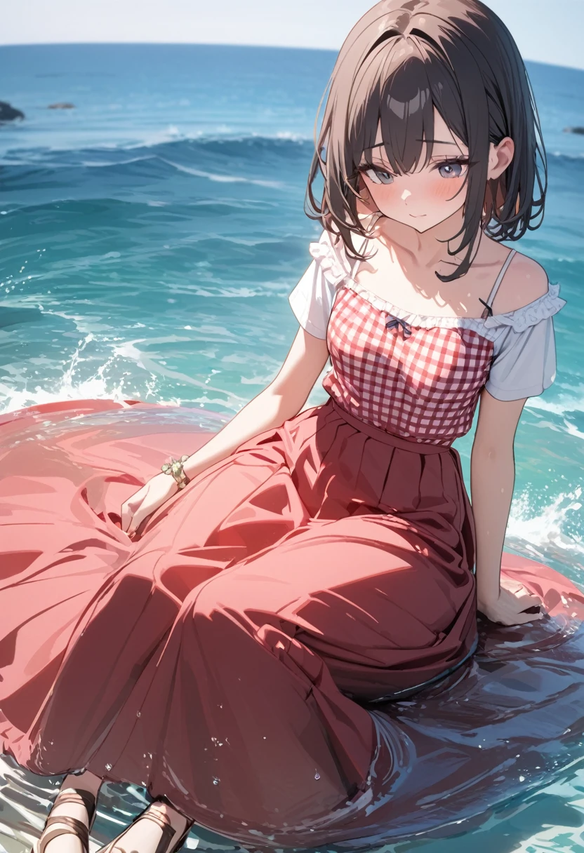 (8k, Best Quality, masterpiece: 1.2),Ultra-high resolution, 1 person, cute, Alone ,Small breasts, Highly detailed face, 白いLong skirt, The top is a red gingham checked camisole., Short sleeve, 白色のLong skirt, The top is a red gingham checked camisole., 白色のShort sleeve, Gladiator Sandals, sea, Long skirt, Lots of water, Water Play, Water up to one&#39;s chest, Childlike, Bright smile, 